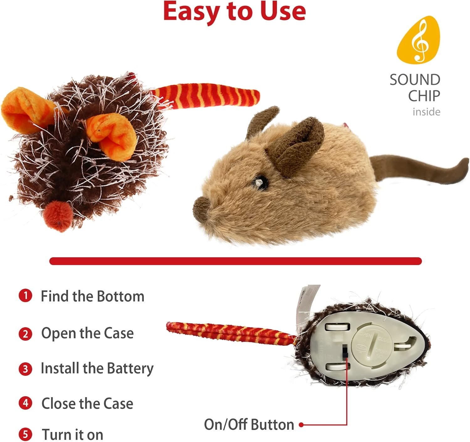Gigwi Interactive Cat Toys for Indoor Cats, Cat Mouse Toys 2 Pcs with Electronic Realistic Squeaky Sound, Automatic Moving Kitten Toys Electric Mice Toy Self Play Exercise(Brown & Orange Ears) - Image 5