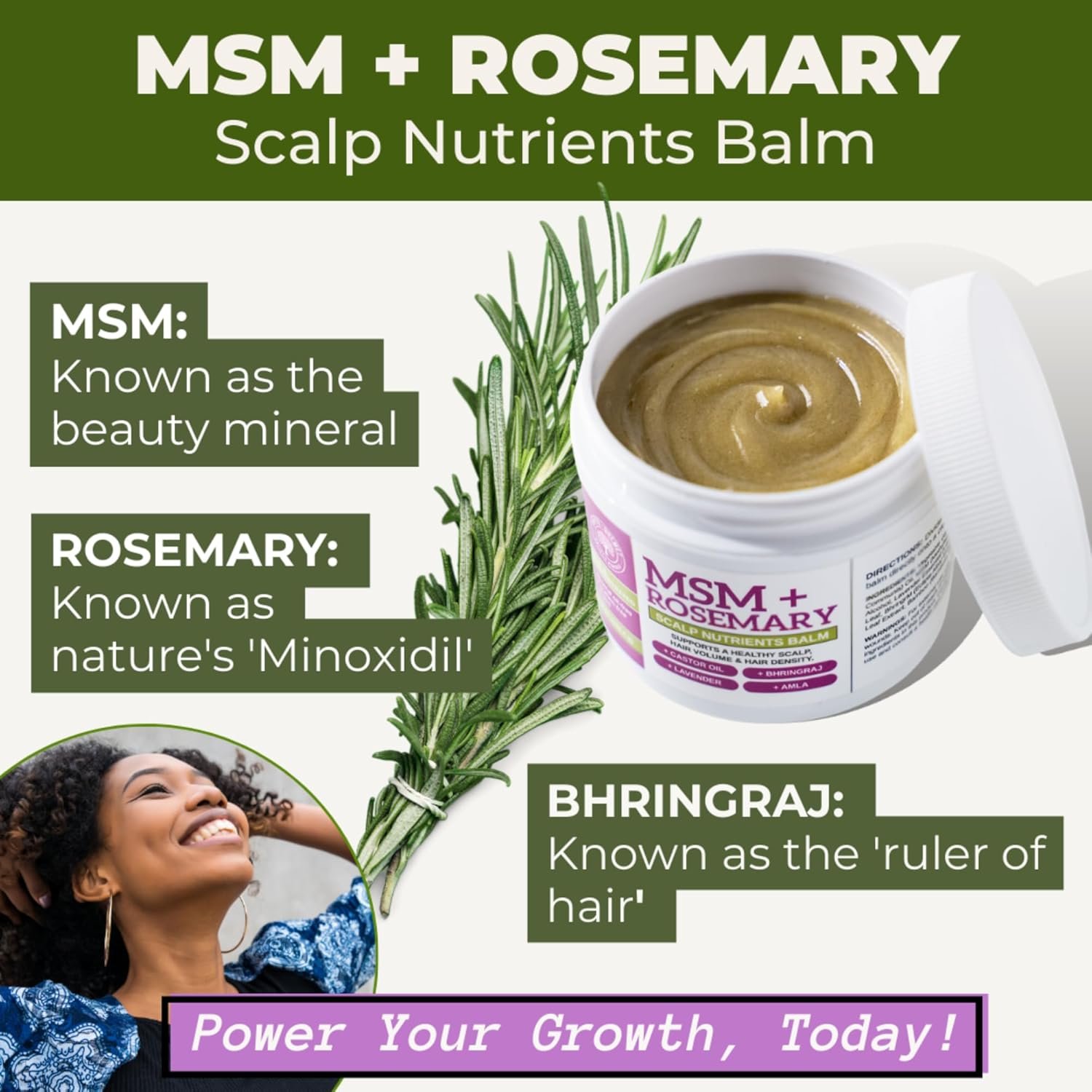 Qhemet Biologics MSM + Rosemary Scalp Nutrients Balm | Nourishing Hair Growth Formula with Bhringraj, Castor & Coconut Oil | For Dry, Thinning Hair & Slow Growth | Vegan (4 oz) - Image 6
