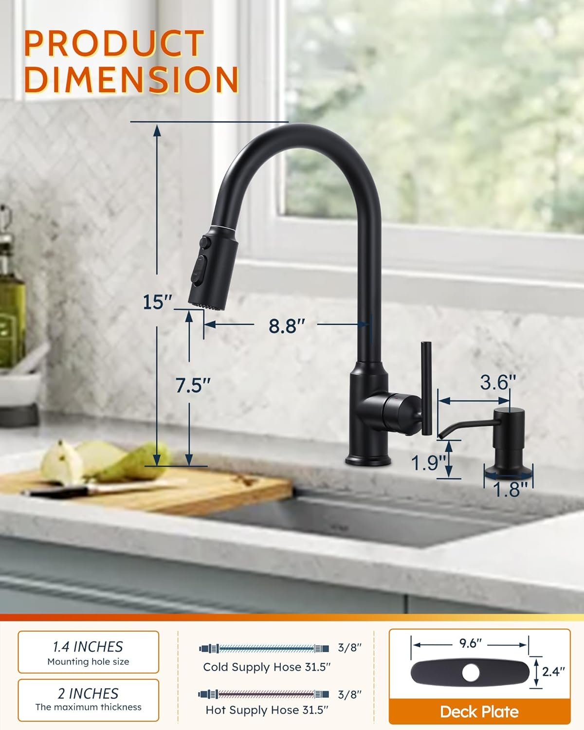 WOWOW Kitchen Faucets with Pull Down Sprayer, Matte Black Kitchen Faucet with Sprayer, 304 Stainless Steel High Arc Single Handle Pull Down Kitchen Faucet for Kitchen Sink Faucet with Soap Dispenser - Image 4