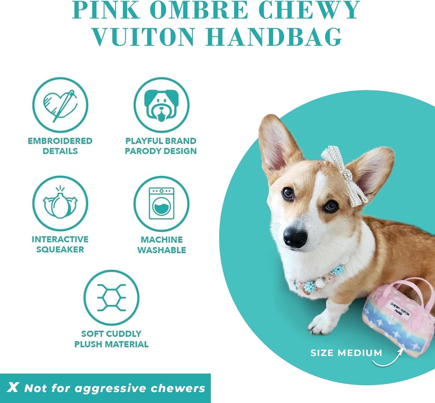 Haute Diggity Dog Pink Ombre Chewy Vuiton Handbag, Plush Designer Dog Toys with Interactive Squeaker, Stimulating Pet Enrichment, Machine-Washable & Safe Materials for All Breeds, Size Medium - Image 5