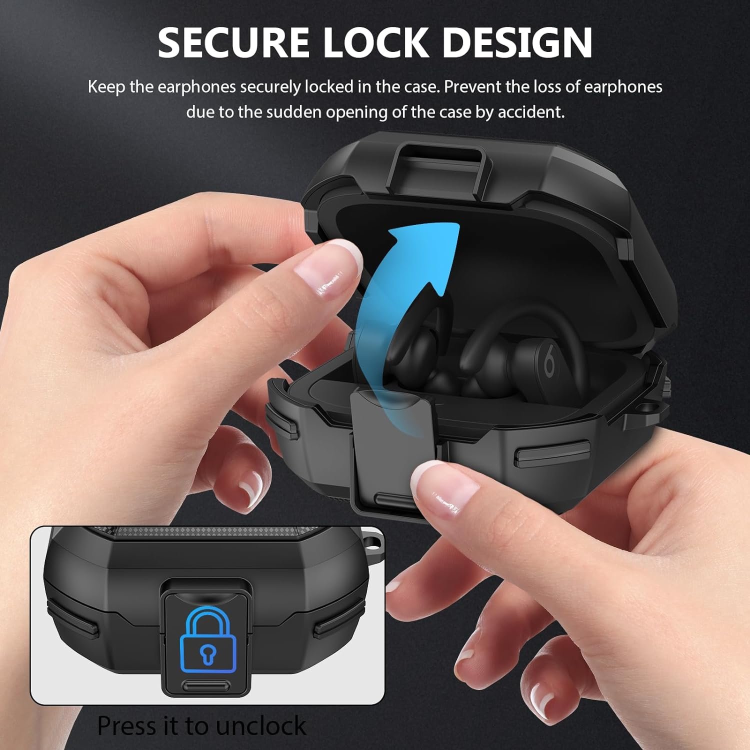 Powerbeats Pro Case Cover, Military Carbon Fiber Compatible with Powerbeat Pro Case, Four-Corner Wrapping and Safety Lock 360° Protect Your Powerbeats Pro (Black) - Image 3