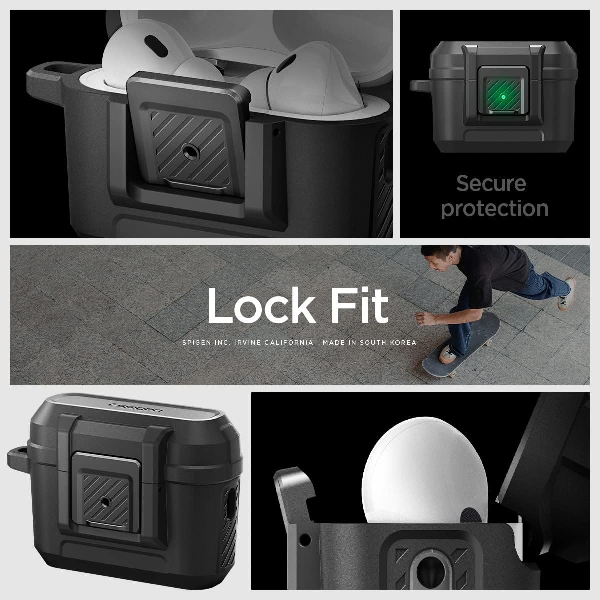 Spigen Lock Fit Designed for AirPods Pro 2nd Generation Case 2022/2023 (USB-C/Lightening Cable) with Secure Lock Clip - Matte Black - Image 3