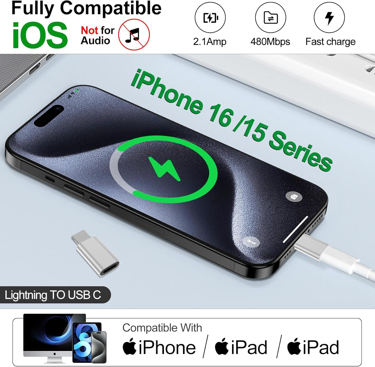 𝟒𝐏𝐚𝐜𝐤 𝐔𝐩𝐠𝐫𝐚𝐝𝐞𝐝 Lightning to USB C Adapter for iPhone 16/15 Pro Max/Plus,Samsung S24,iPad,Nintendo Switch,Support Charging,Not for Audio,Type C Charger Connector,for iPhone 16/15 Charger - Image 4