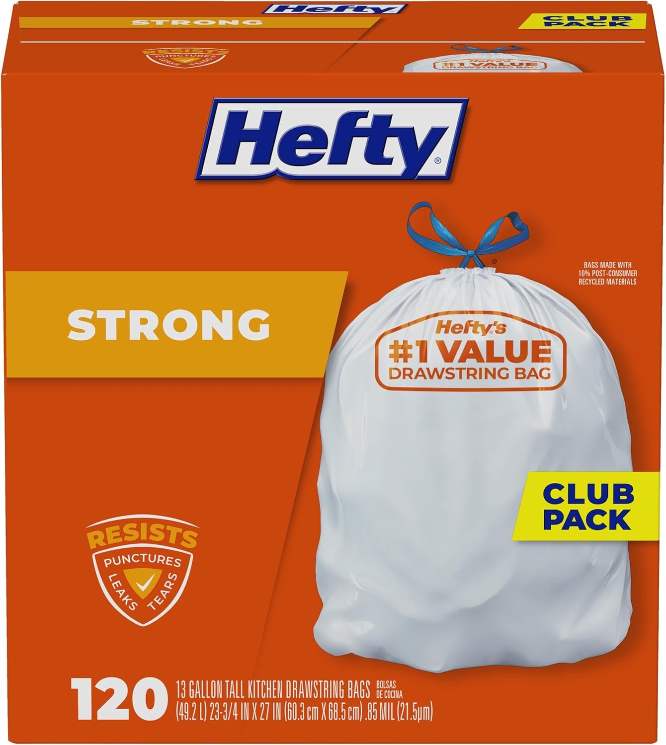 Hefty Strong 13 Gallon Trash Bags, Tall Kitchen Trash Bags, UnscentedLarge Trash Bags with Drawstrings, Durable Closure, Resists Leaks, Punctures, and Tears, White, Unscented, 120 Bags - Image 2