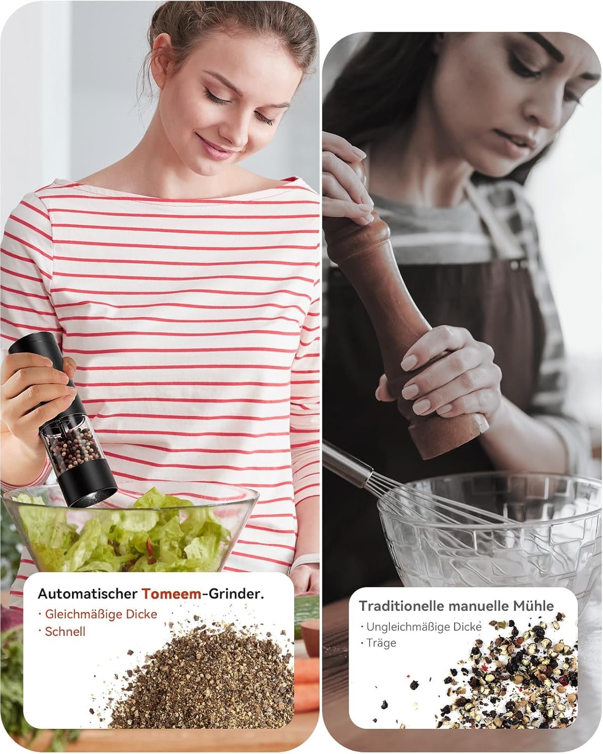 Electric Salt and Pepper Grinder Set with Adjustable Coarseness, Rechargeable Automatic Salt and Pepper Grinder Set with One Hand Operated and LED Light, Salt Grinder & Pepper Mill for Family BBQ - Image 3