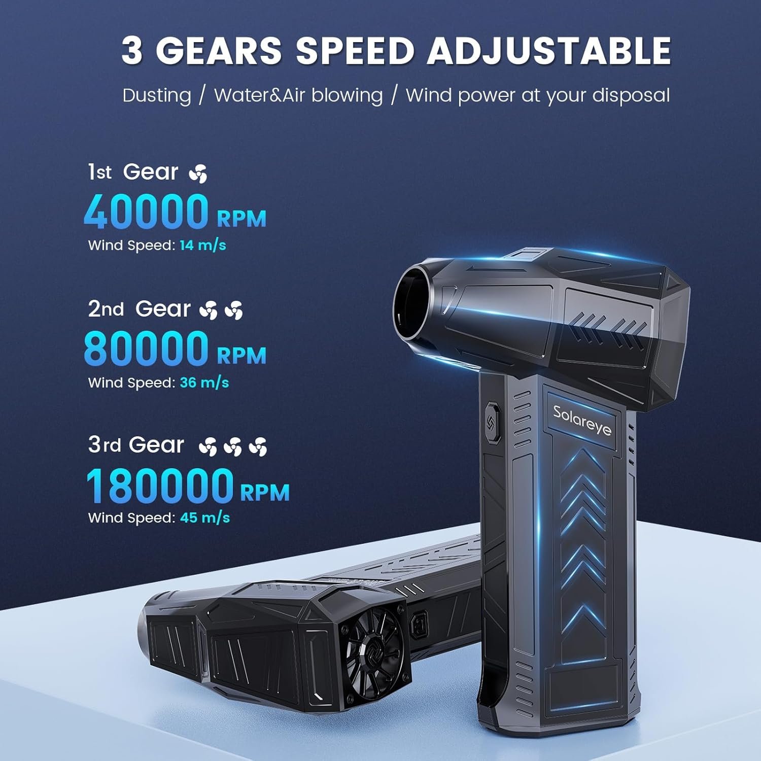 Solareye Compressed Air Duster - 180000RPM Electric Air Duster - Cordless Air Blower Rechargeable - 3 Gears Adjustable Jet Dry Blower with Brushless Motor for Cleaning Keyboard, PC, Car, Home, Outdoor - Image 5