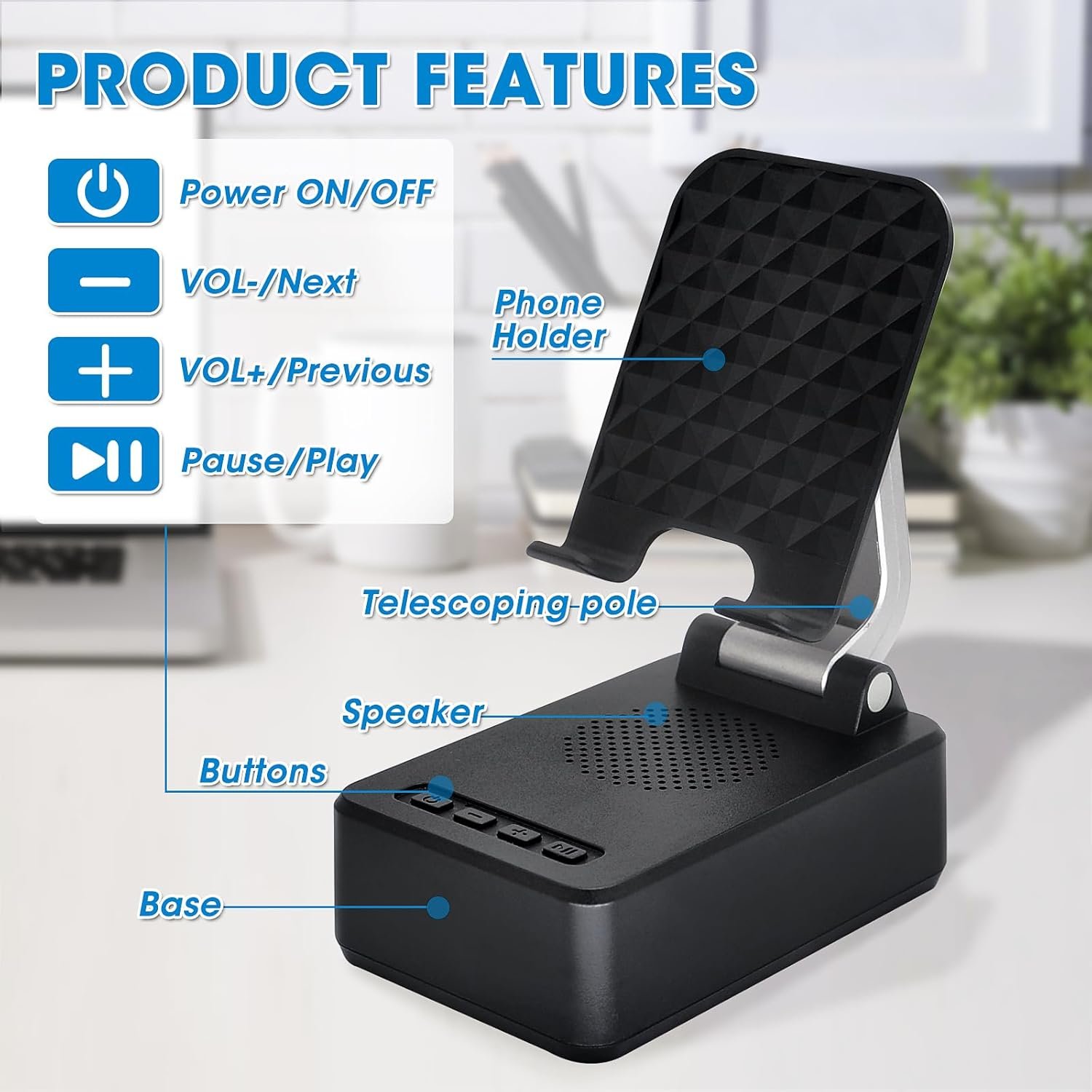 Cell Phone Stand with Bluetooth Speaker HD Surround Sound Bluetooth Speaker Adjustable Phone Holder Gifts for Women Men Wide Compatible with Cell Phone and Tablet (A-Black) - Image 3