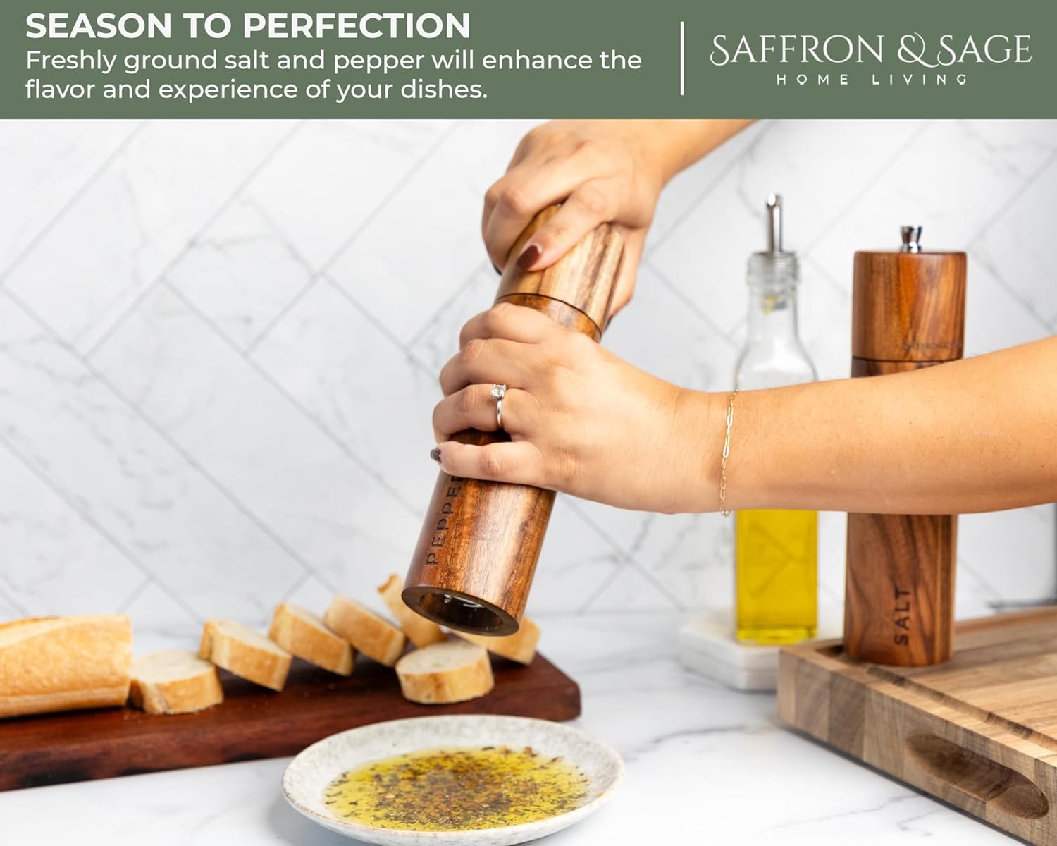 Saffron & Sage Premium Acacia Wood Salt and Pepper Grinder Set of 2-8” Tall Salt and Peppercorn Mill with Adjustable Coarse Settings, Rust Resistant, Smooth and Quality Grinding Mechanism - Image 7