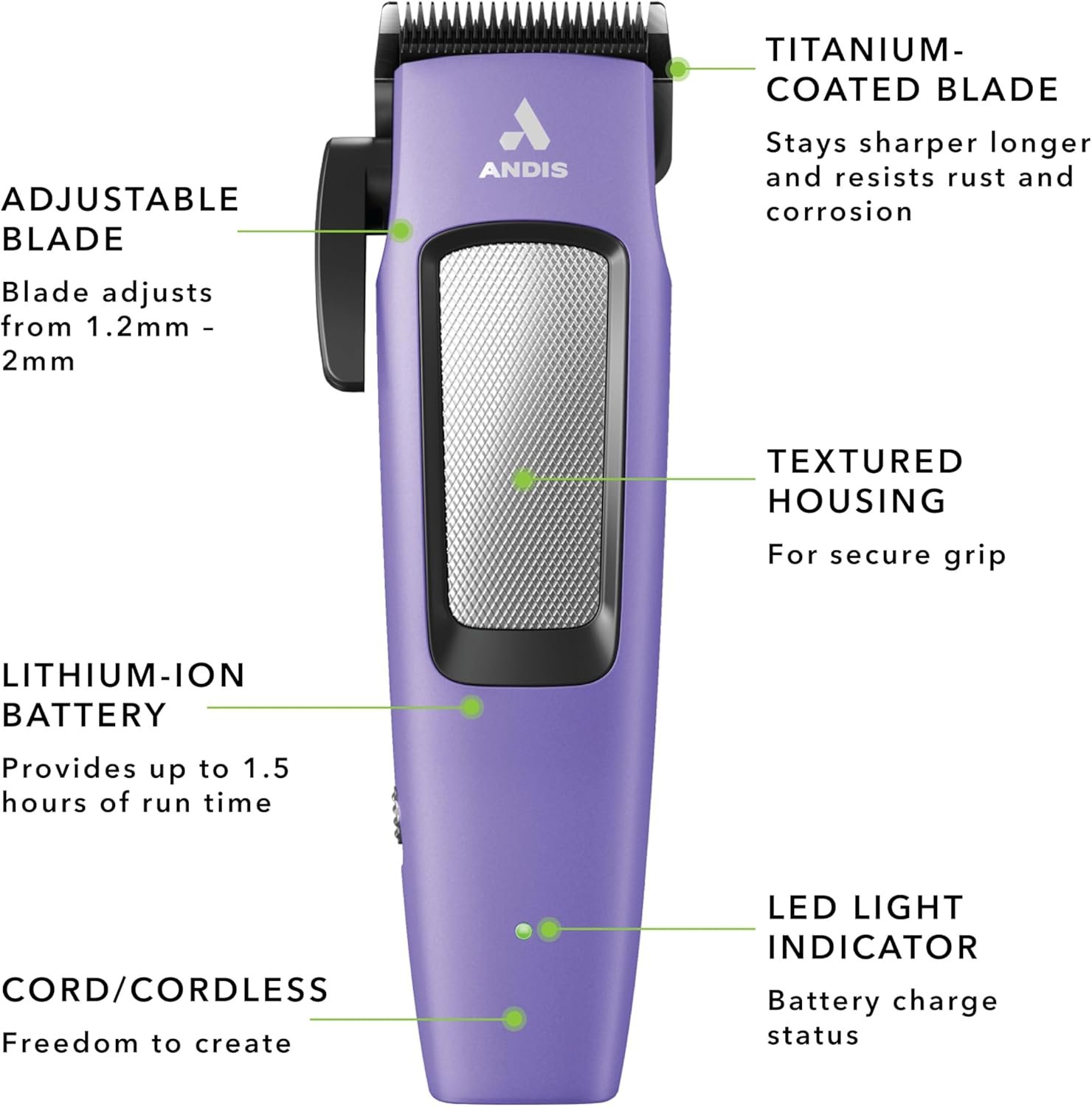 Andis Easy Clip Adjustable Blade Cordless II Dog Clipper, 10 Piece Kit, Lithium-Ion Battery, Purple, 560017 - Image 5