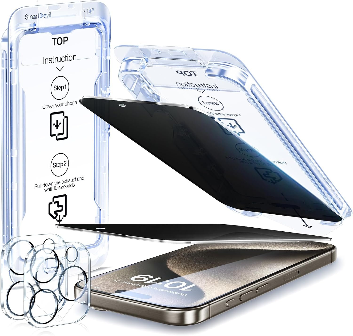 SMARTDEVIL 2Pack Privacy Screen Protector for iPhone 15 Pro Max with 2Pack Camera Lens Protector, 9H Anti-Spy Privacy Tempered Glass Film with Auto Dust-Elimination, Anti-Shatter, Bubble Free - Image 2