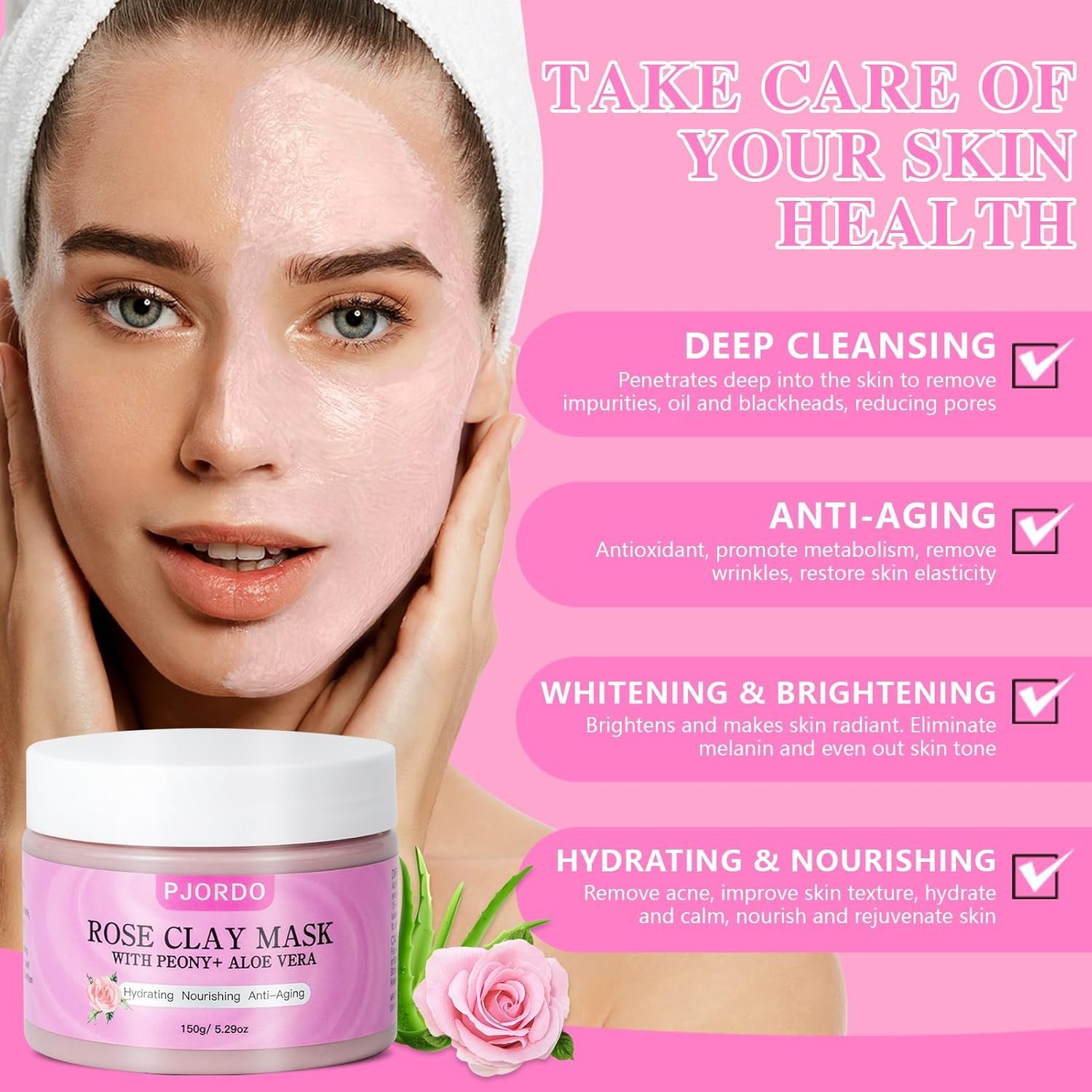 Rose Clay Mask, Skin Care Face Mask, Pink Clay Mask with Mask Brush for Deep Cleansing, Anti-Acne, Refining Pores Soothing and Brightening, Spa Facial Mask Gifts for Women - Image 3