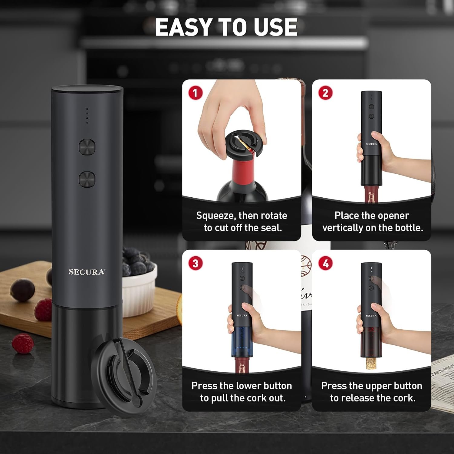 Secura Stainless Steel Electric Wine Opener, Rechargeable Automatic Home Wine Bottle Opener with Foil Cutter & Charging Cable, Reusable Corkscrew Wine Opener Electric for Wine Lovers, Black - Image 5