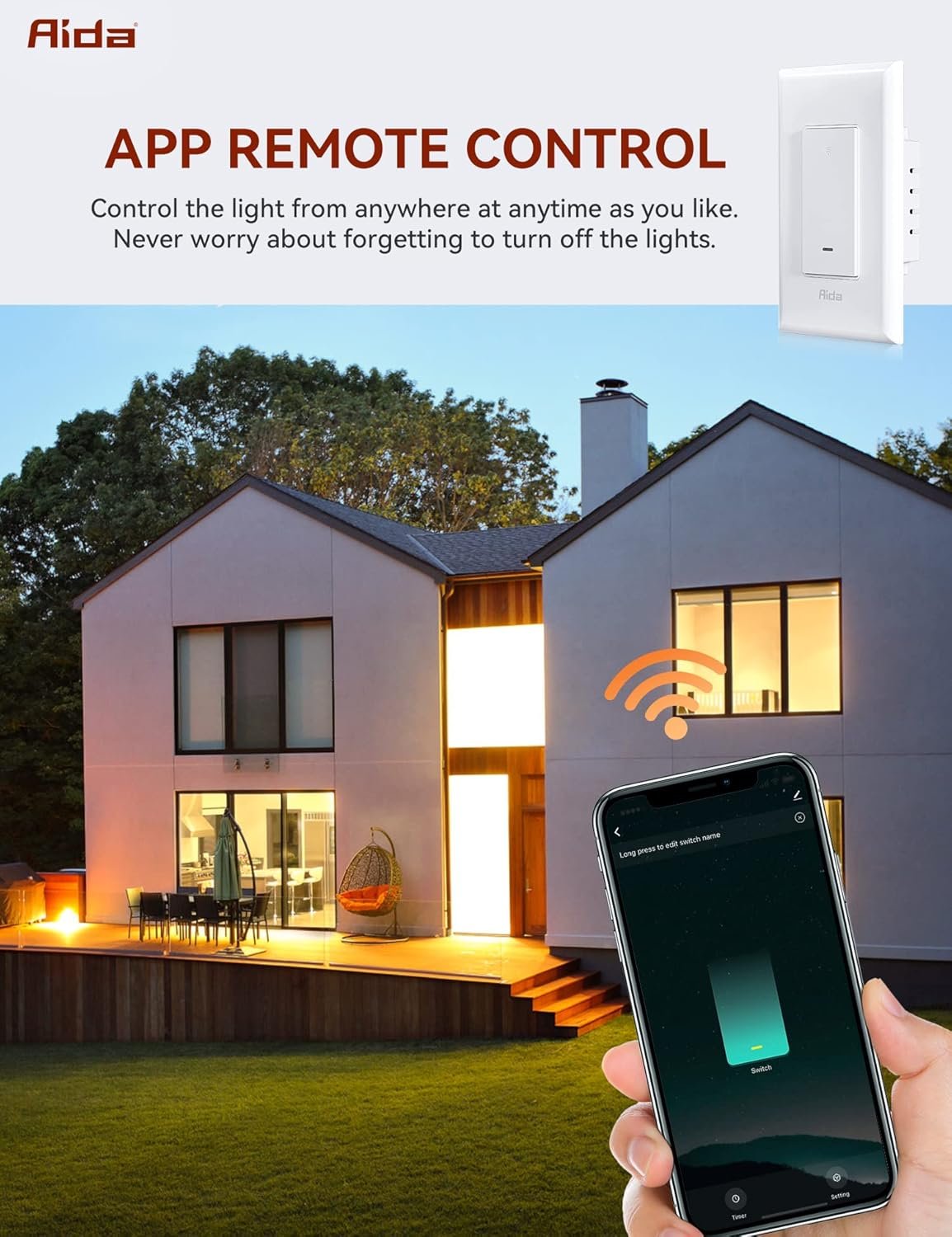 AIDA Smart Light Switch, Single Pole WiFi Smart Switch, Works with Alexa and Google Home, Neutral Wire Required, 2.4Ghz WiFi Switch for LED, CFL, Incandescent Bulbs, No Hub Required, White, 1 Pack - Image 4