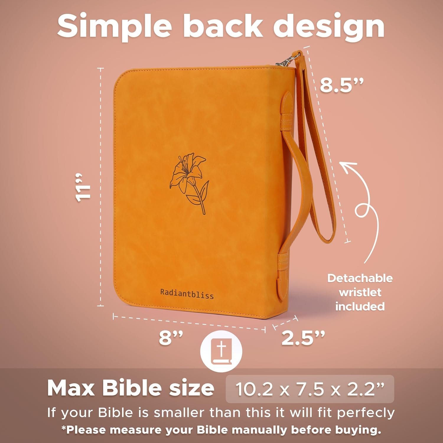 Large Bible Cover Case for Women (11"x8"x2.5") PU Leather Bible Cover for Girl w/Wristlet Strap, Bible Cover for Women w/Engraved Floral Lily Design, Waterproof Bible Case for Women (Orange) - Image 3