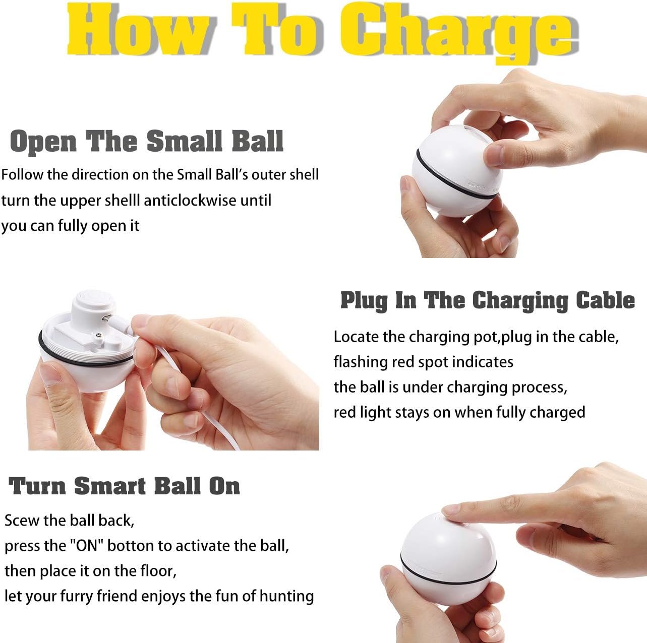 YOFUN Smart Interactive Cat Toy - New Upgraded 360 Degree Self Rotating Ball, USB Rechargeable Wicked Ball, Build-in Spinning Led Light, Stiulate Hunting Instinct for Your Kitty (White) - Image 5