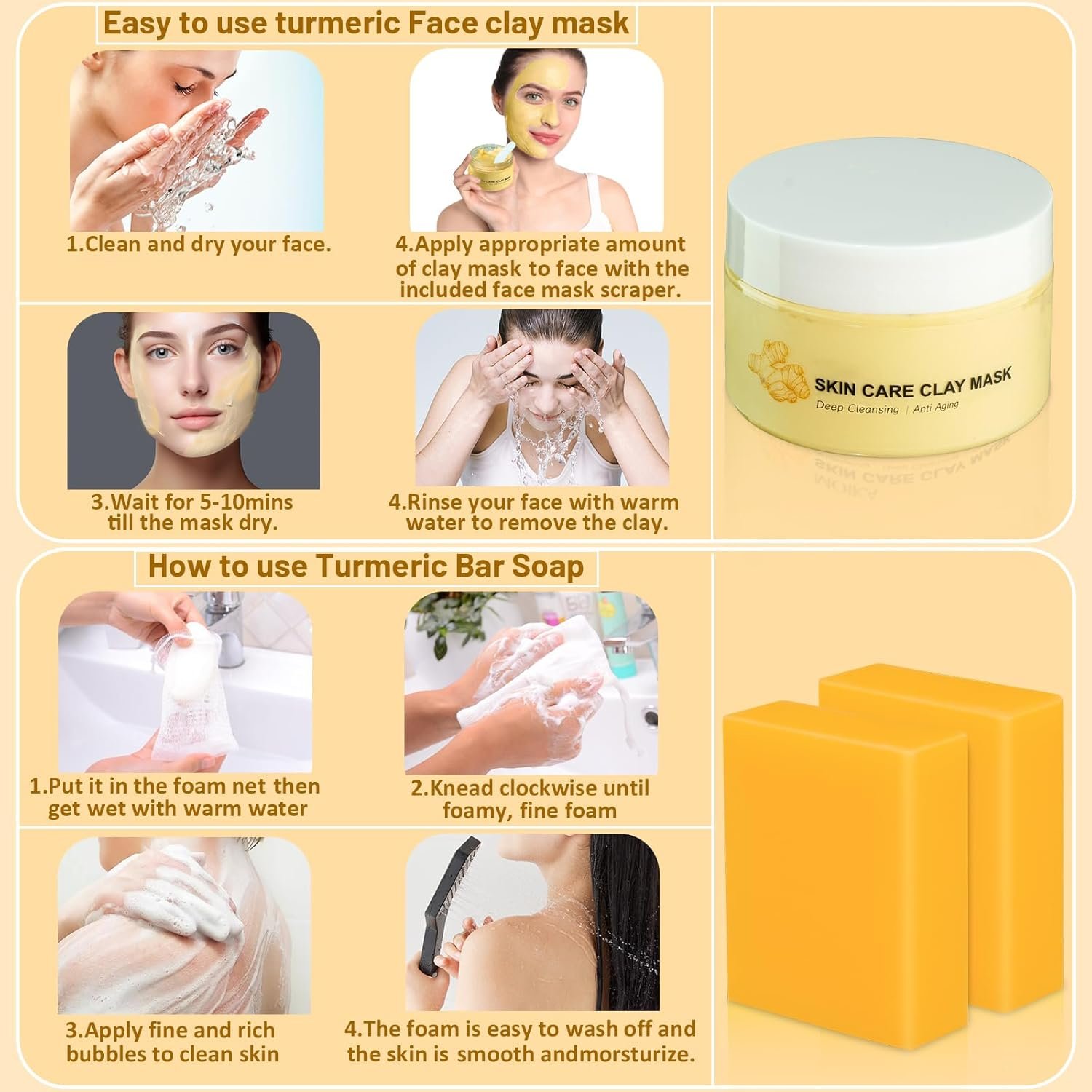 Turmeric Soap Bar Turmeric Face Clay Mask Turmeric Cleansing Pads, Vitamin C Facial Mask for Pores, Honey Tumeric Soap for all skin type, Turmeric Exfoliating Pads Turmeric Face Wash - Image 8