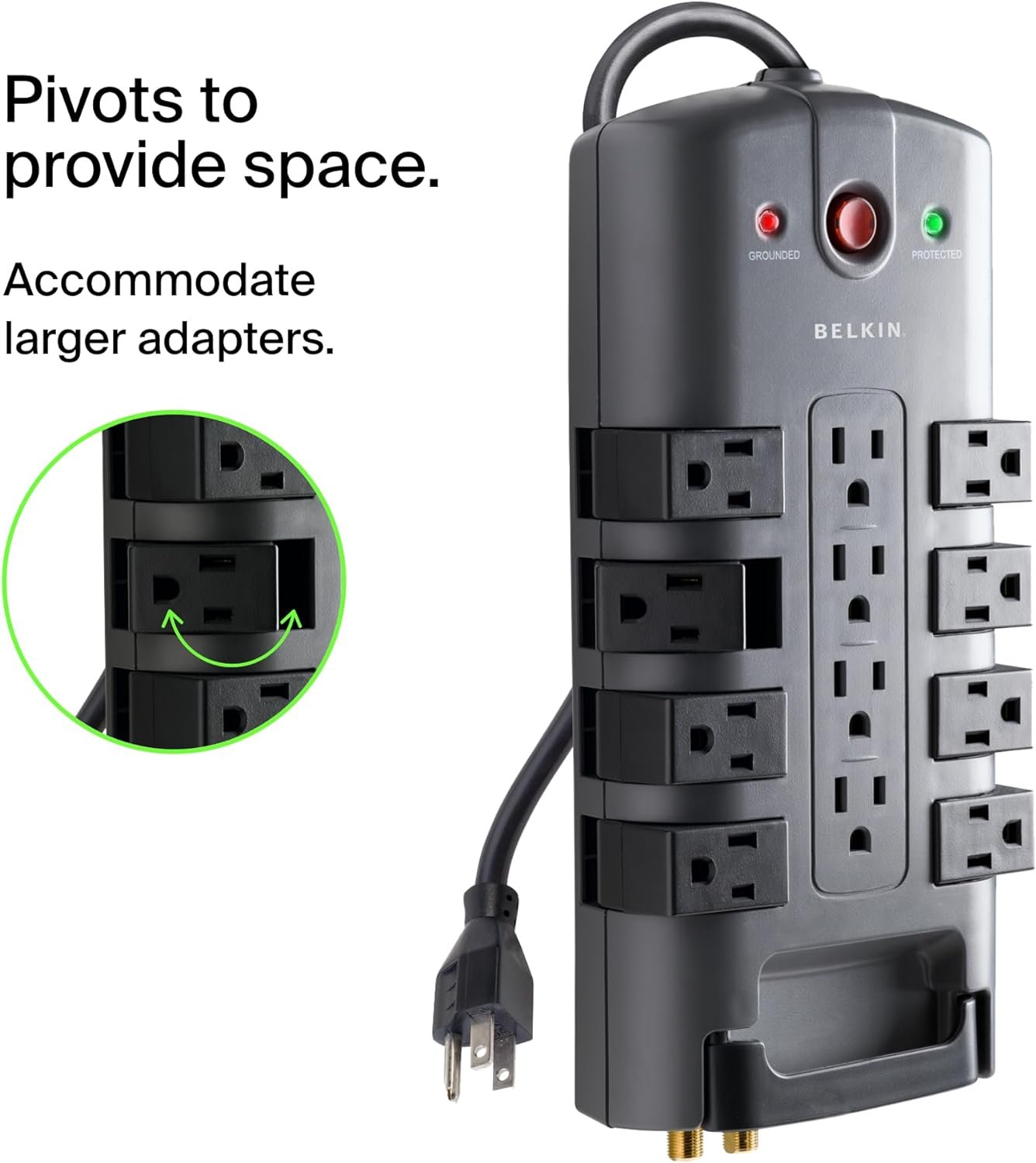Belkin Surge Protector Power Strip w/ 8 Rotating & 4 Standard Outlets - 8ft Sturdy Extension Cord w/ Flat Pivot Plug for Home, Office, Travel, Desktop & Charging Brick - 4320 Joules of Protection - Image 6