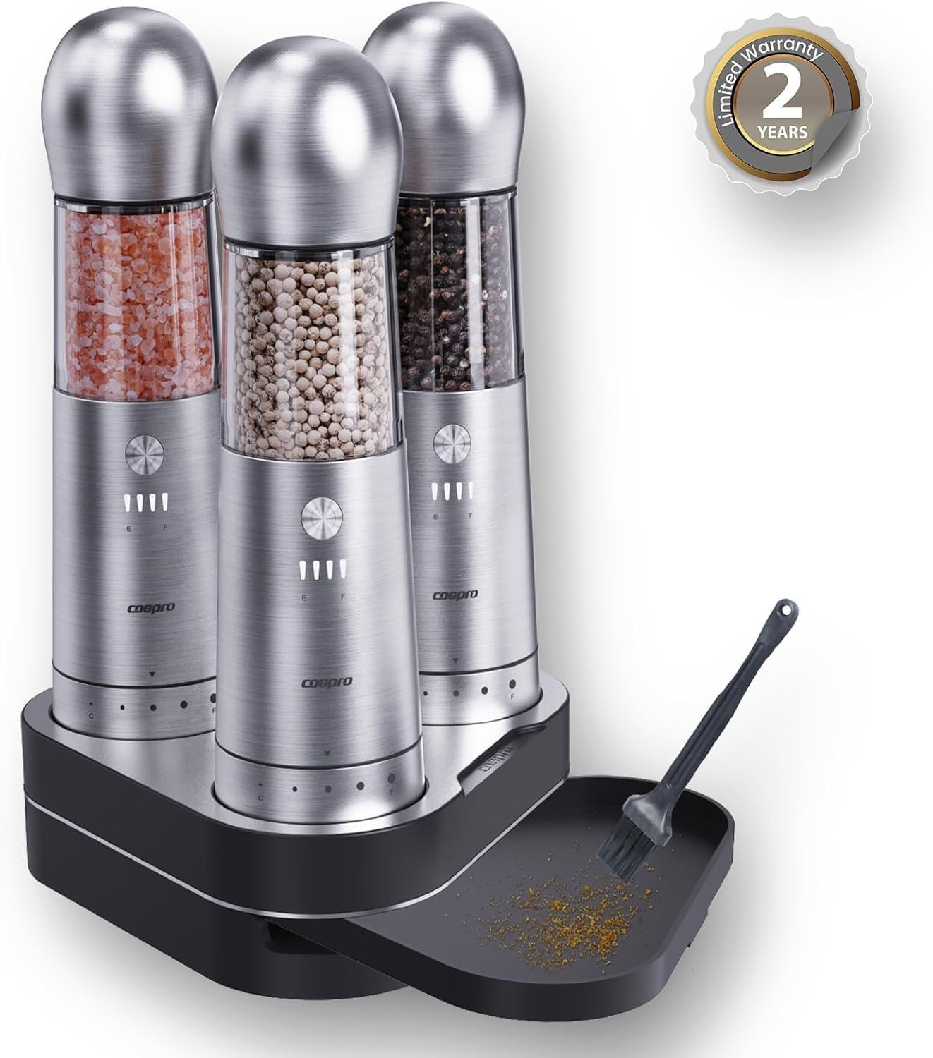 COSPRO 3-in-1 Wireless Charging Electric Salt and Pepper Grinder Set, Rechargeable Automatic Stainless Steel Spices Mill Set - One-Hand to Operate, Adjustable Coarseness, Easy Cleaning - Image 2