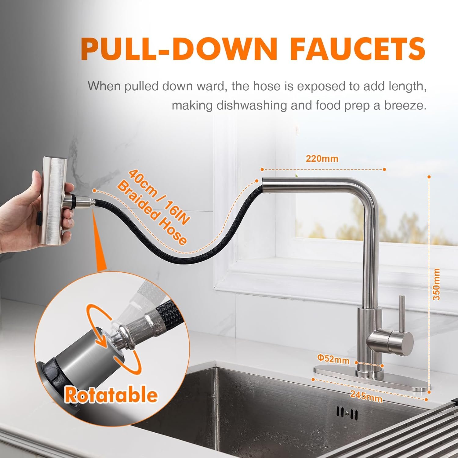 Waterfall Kitchen Faucet 3 in 1 Function, Kitchen Faucet with Pull Down Sprayer, Stainless Steel Kitchen Sink Faucets for Farmhouse, Camper, Laundry, Rv, Bar (Brushed Nickel) - Image 4