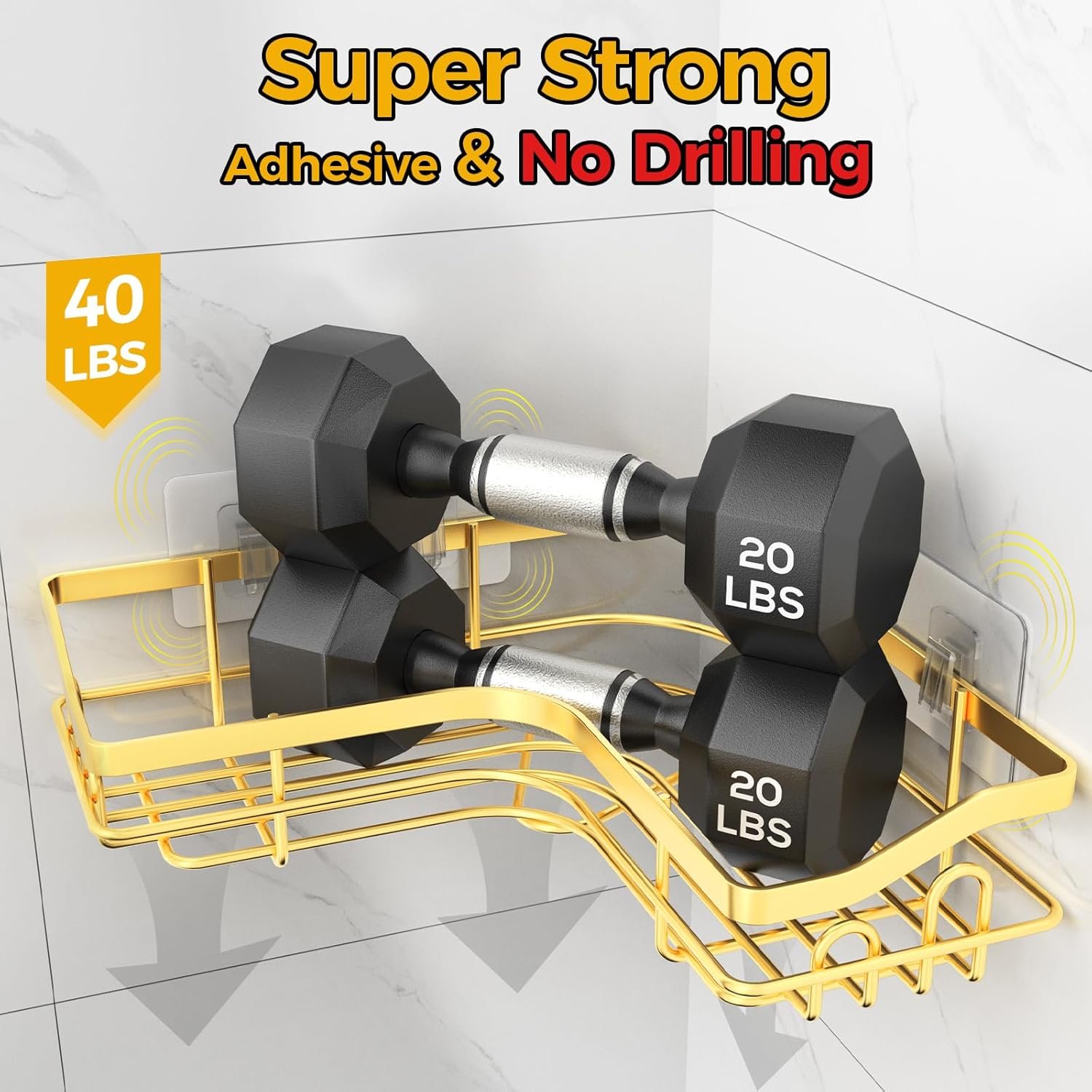 Gold Corner Adhesive Shower Caddy,Rustproof Stainless Steel Corner Shower Shelves for Bathroom Kitchen, No Drilling Wall Mounted Shower Rack for inside Shower, 5 Pack - Image 3