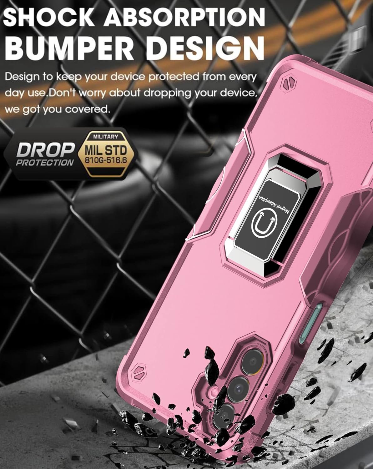 Asuwish Phone Case for Samsung Galaxy A14 5G with Tempered Glass Screen Protector Cover and Slim Ring Holder Stand Hard Hybrid Rugged Kickstand Magnetic Cell Accessories A 14 4G 14A G5 Women Men Pink - Image 4