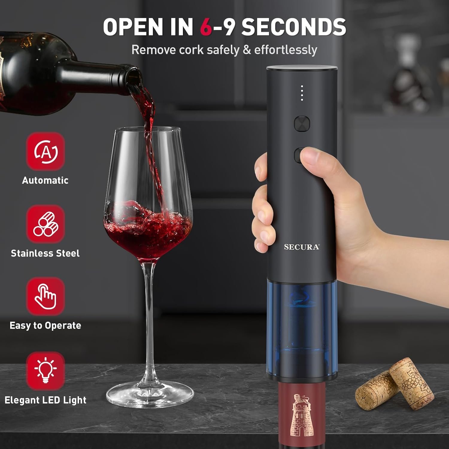 Secura Stainless Steel Electric Wine Opener, Rechargeable Automatic Home Wine Bottle Opener with Foil Cutter & Charging Cable, Reusable Corkscrew Wine Opener Electric for Wine Lovers, Black - Image 4
