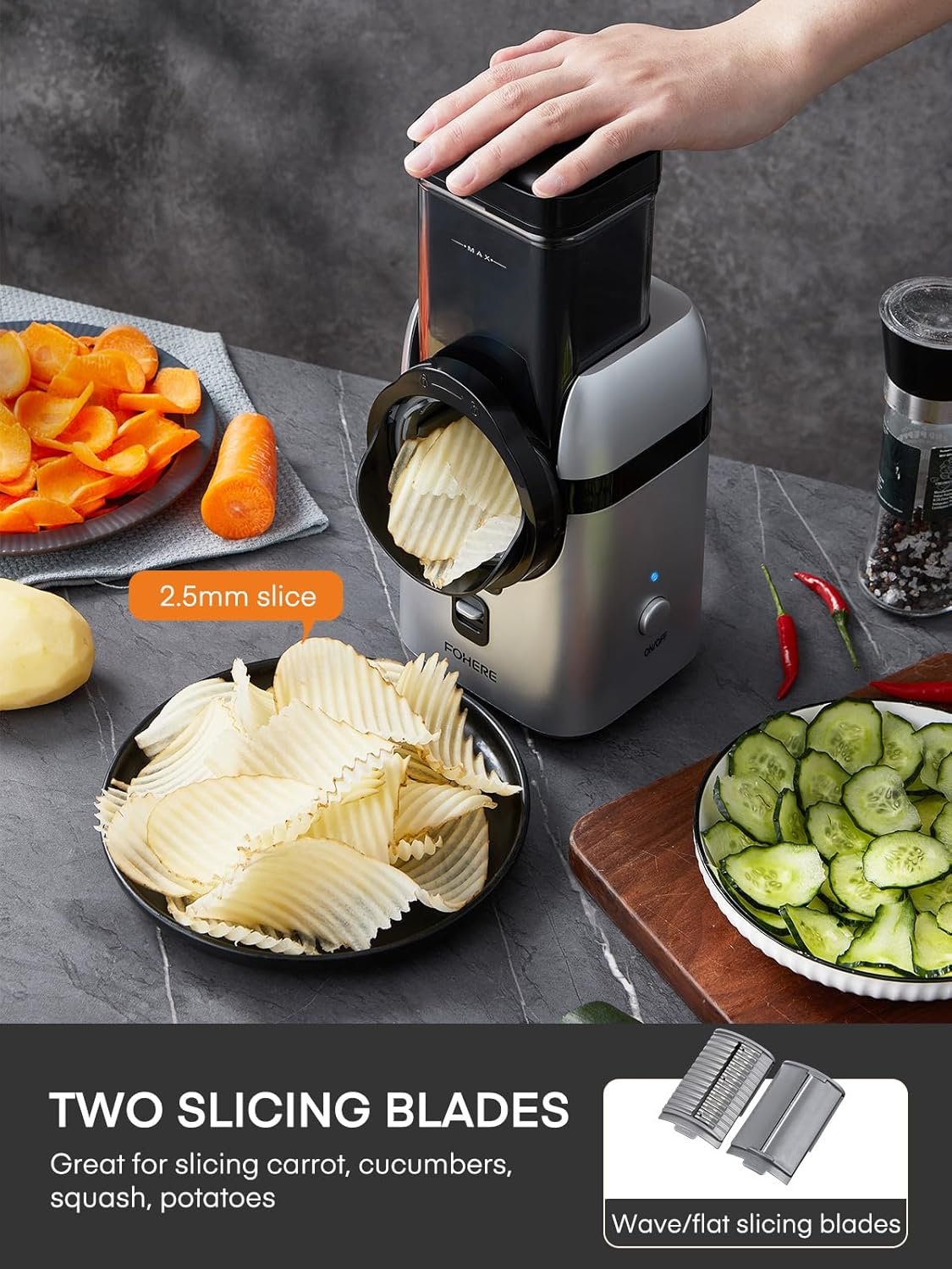 FOHERE Electric Cheese Grater, Large Feed Chute Electric Grater Vegetable Shredder with Multi Replaceable Blades and Storage Box, 5 in 1 cheese slicer for Whole Potatoes, Cheese and Nuts - Image 5