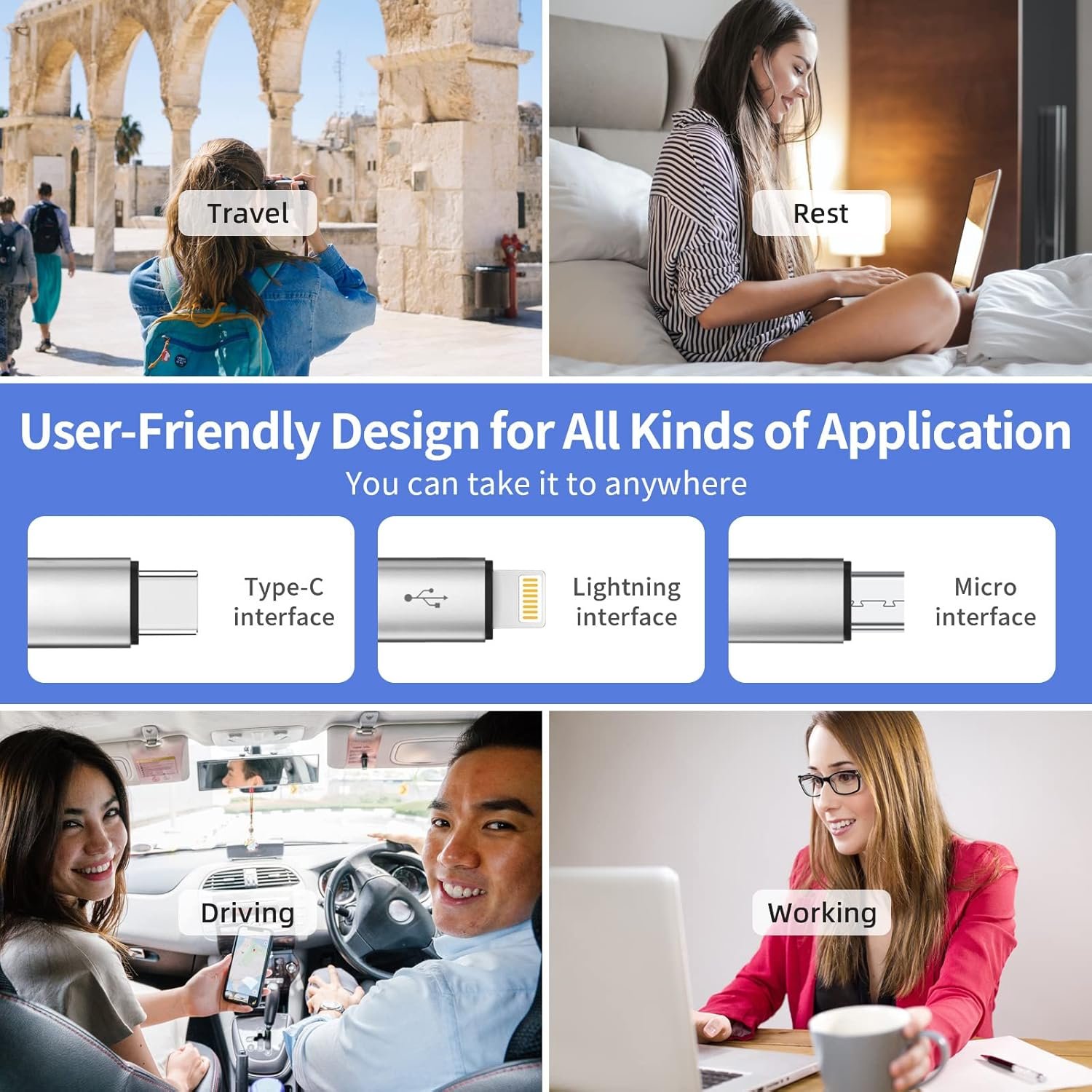 Multi Charging Cable, Multi 3 in 1 iPhone Charging Cable, Lightning/Type-C/Micro USB Universal Port Adapter,1.8M/6FT Long Nylon Braided Phone Charger Cable Adapter for Android/iPhone 15/Samsung-2Pack - Image 5