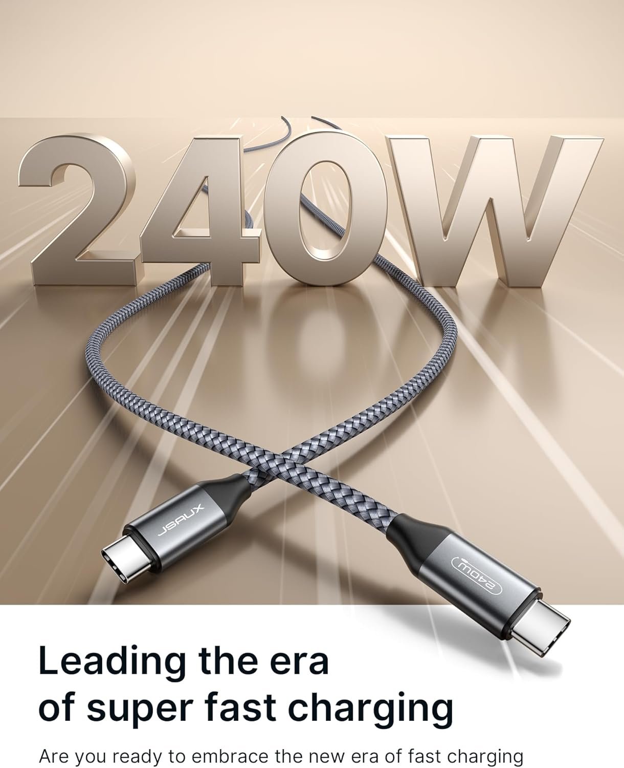 JSAUX 240W USB C to USB C Cable 10FT, 5A USB Type-C Charger Fast Charging Cord Compatible with iPhone 15 Plus/15 Pro/15 Pro Max MacBook Pro/Air M2 iPad Pro Air Mini 6 Samsung S23/S22 Pixel Steam Grey - Image 3
