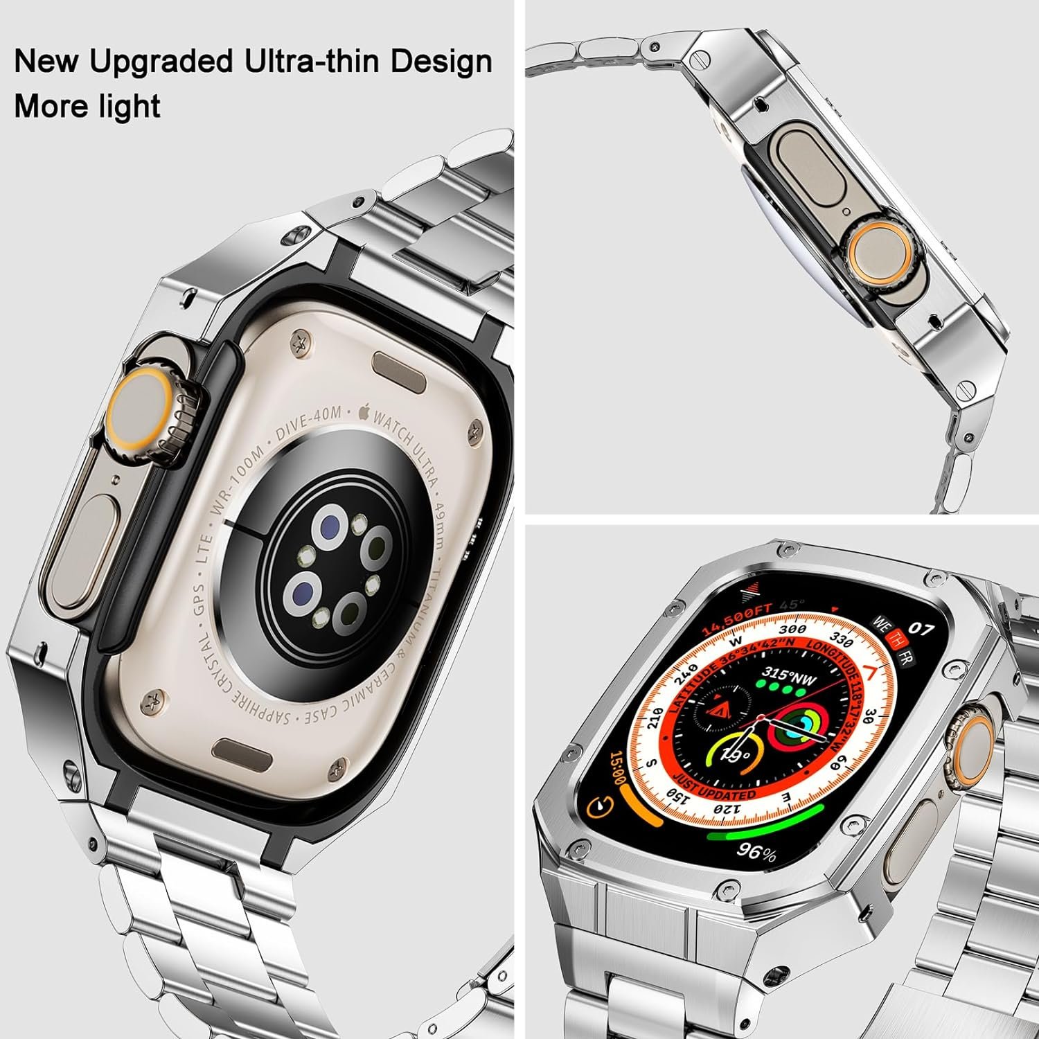 Stainless Steel Watch Band with Case Compatible with Apple Watch Ultra 2 1 band (49mm), Rugged Strap with Metal Protective Bumper Cover for iWatch Bands Men (Silver) - Image 4