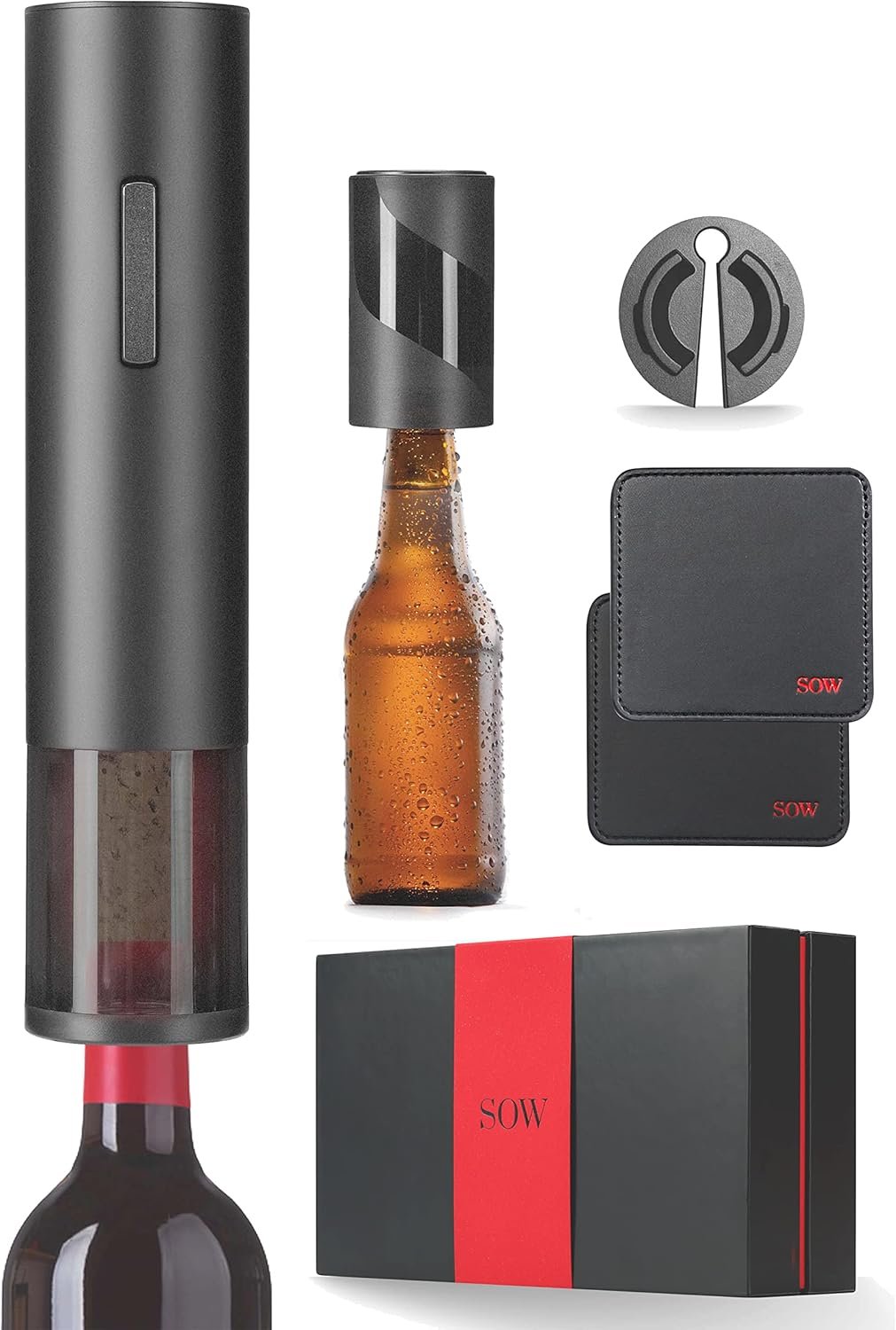 SOW - Electric Wine Opener with Foil Cutter + Redesigned Beer/Soda Bottle Opener + 2 Leather Coasters - Storage/Gift Box - Image 2