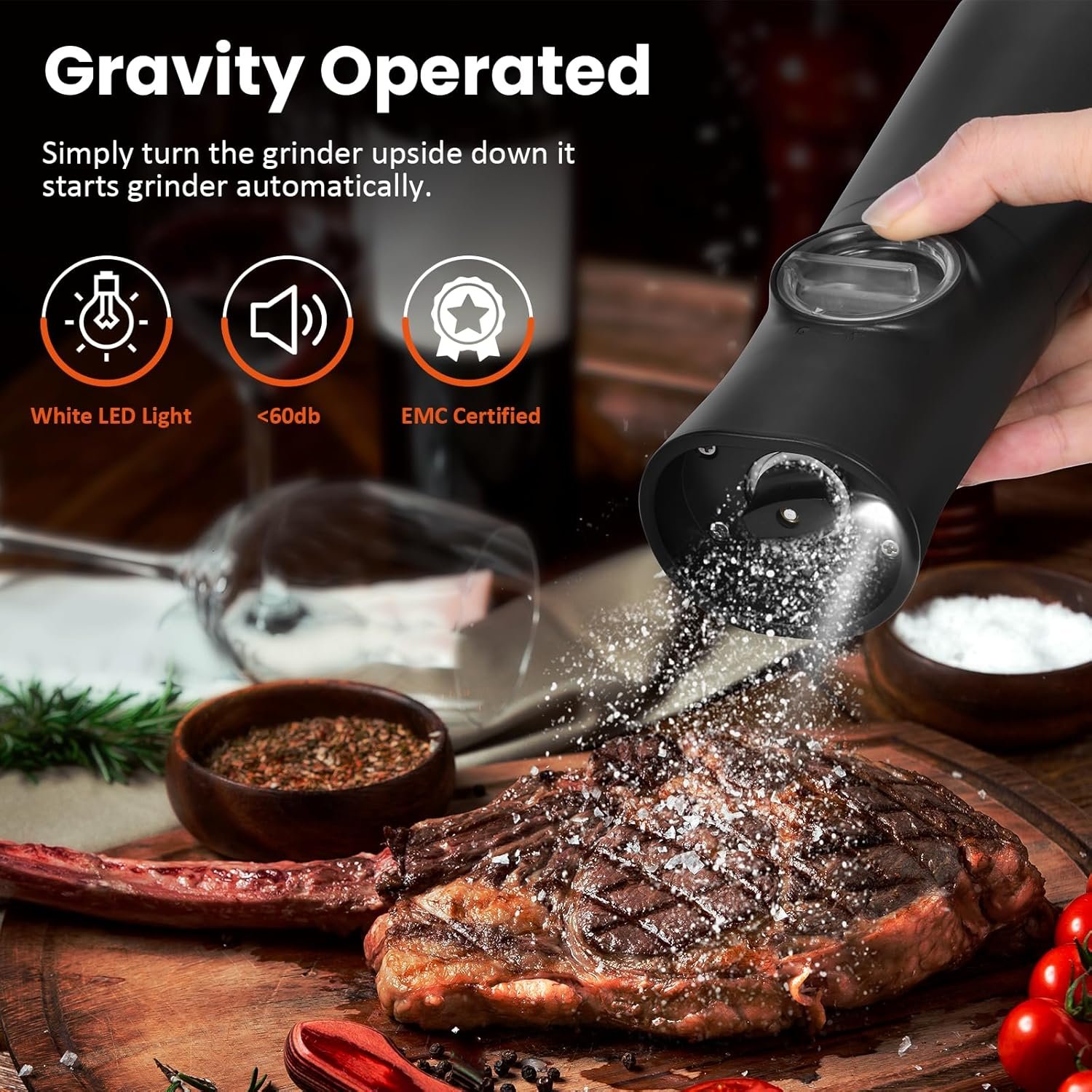 AORESAC Gravity Electric Salt and Pepper Grinder Set, Rechargeable Automatic Salt & Pepper Mill Grinder with Adjustable Coarseness, One Hand Operation, LED Light, Dustproof Cover, 2 Pack - Image 3