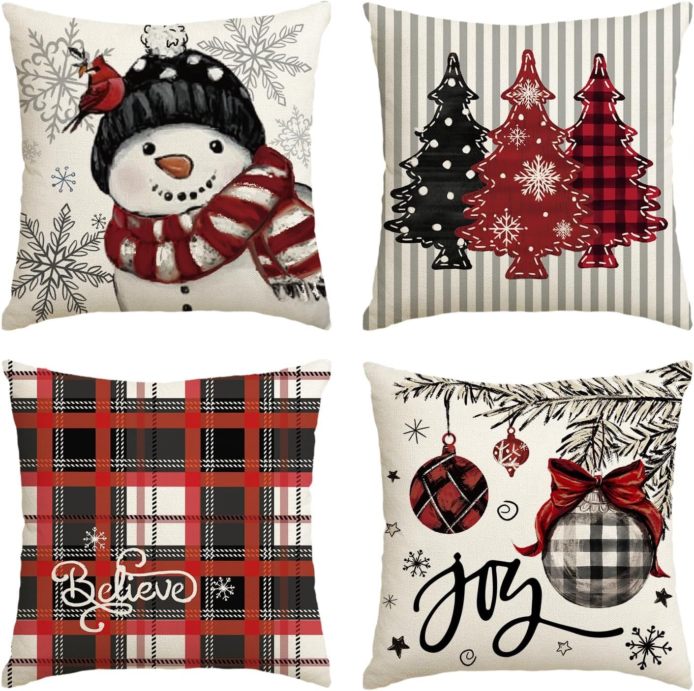AVOIN colorlife Winter Snowman Joy Snowflake Christmas Throw Pillow Covers, 12 x 20 Inch Red Xmas Tree Winter Holiday Buffalo Plaid Cushion Case Decoration for Sofa Couch Set of 4 - Image 2