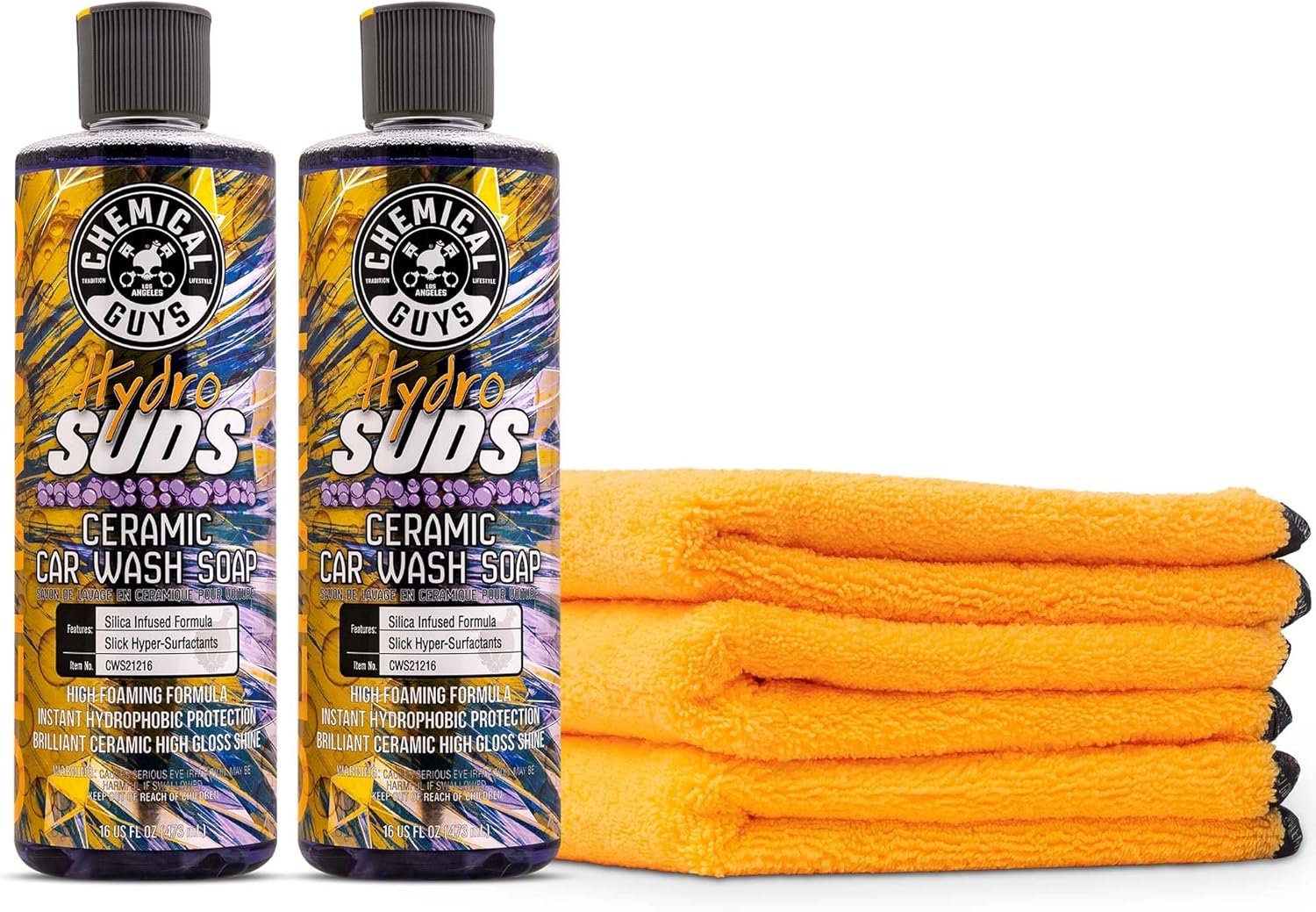 Chemical Guys CWS2121602 HydroSuds Ceramic SiO2 Shine High Foaming Car Wash Soap + 2-Pack 16 fl oz, Berry Scent + Professional Grade Premium Microfiber Towels, Gold (16 Inch x 16 Inch) (Pack of 3) - Image 2