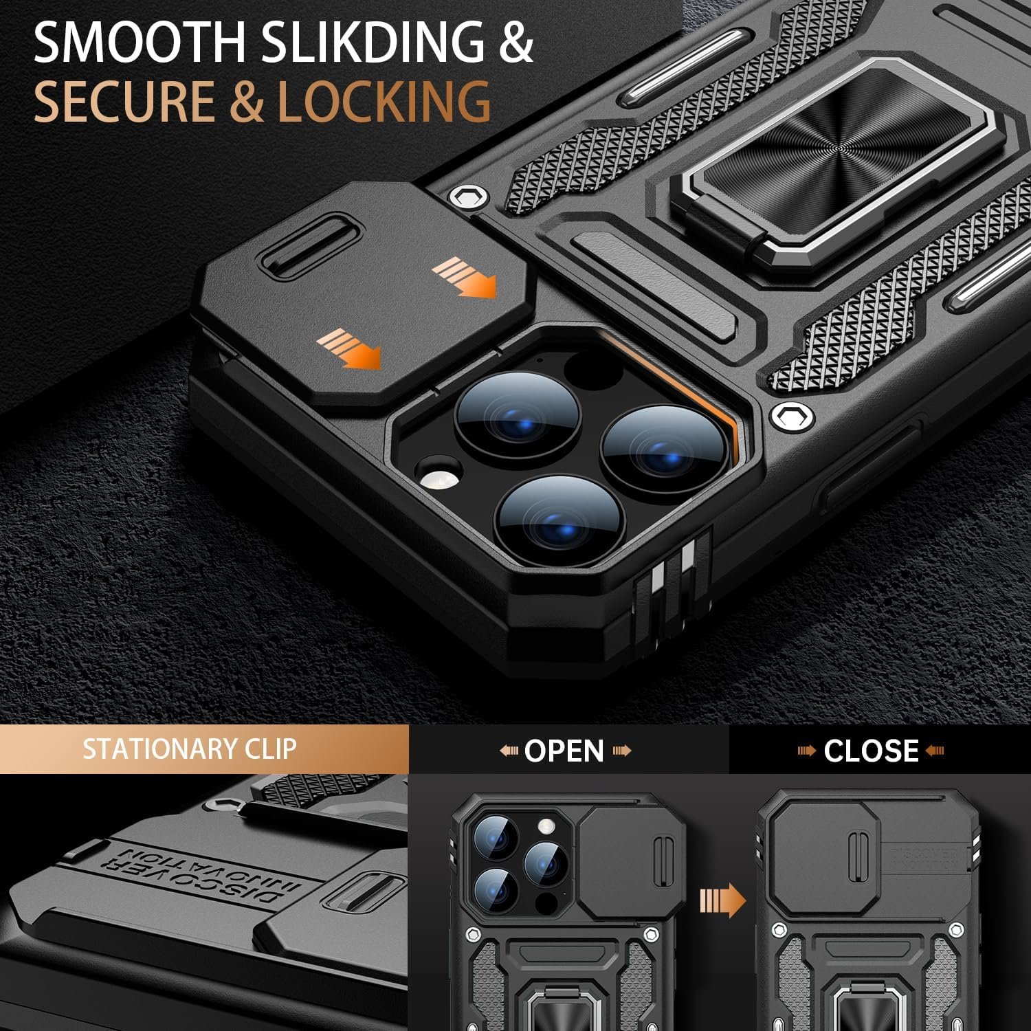 Goodon for iPhone 15 Pro Max Case with Sliding Camera Cover + Screen Protector - Metal Magnetic Kickstand - Military-Grade Shockproof Matte Protective Phone Cover 6.7" for Men Women Girls - Black - Image 3