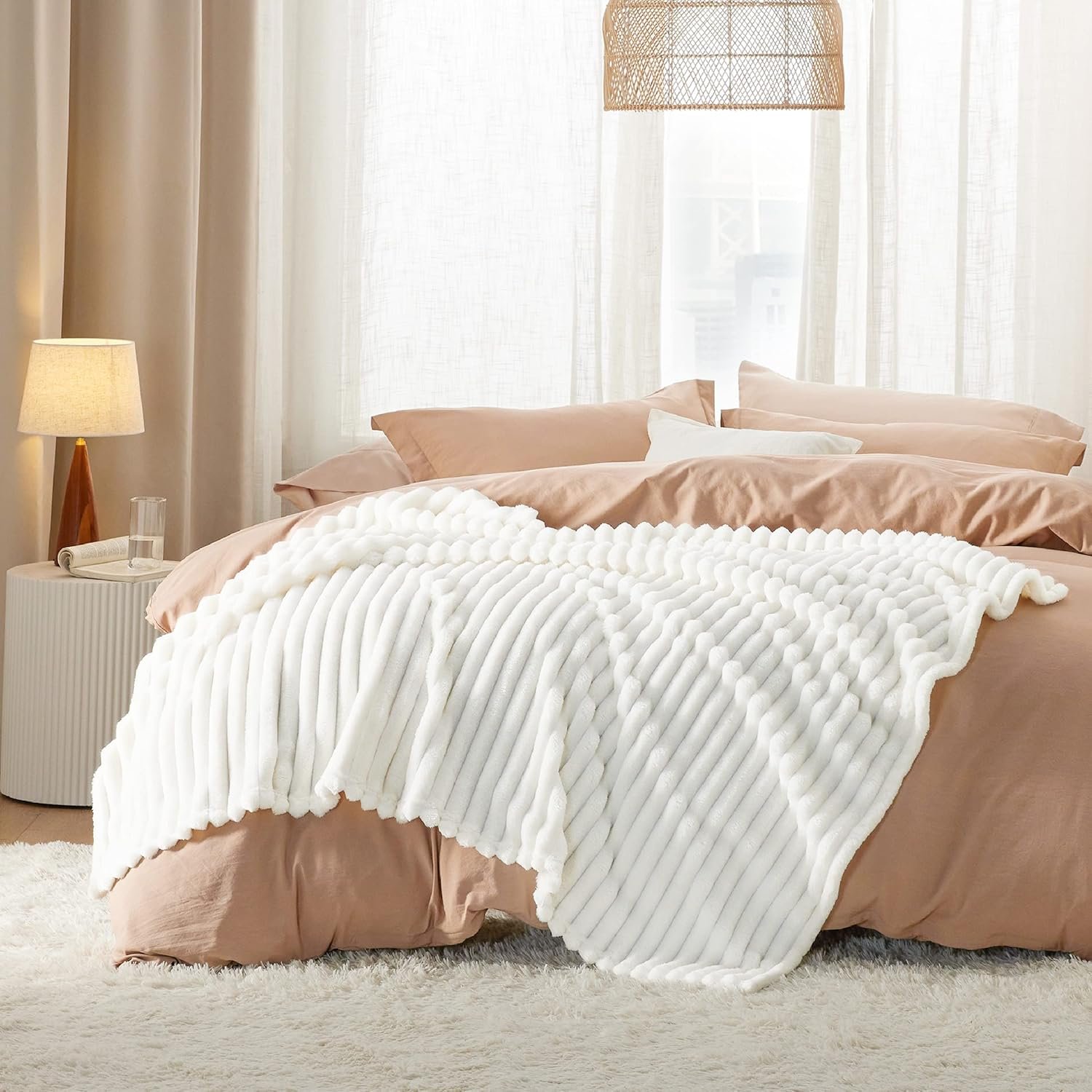 Bedsure White Fleece Throw Blanket for Couch Light Brown Fleece Blanket for Couch - Image 5