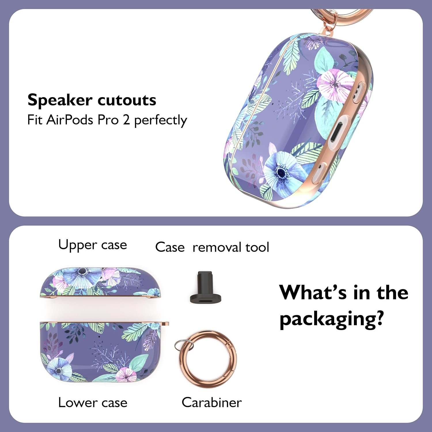 TATOFY Case Cover for AirPods Pro 2019,Stylish AirPods Pro Case for Women Girls, Flower Patterns Protective Hard Case with Clip (Purple) - Image 6