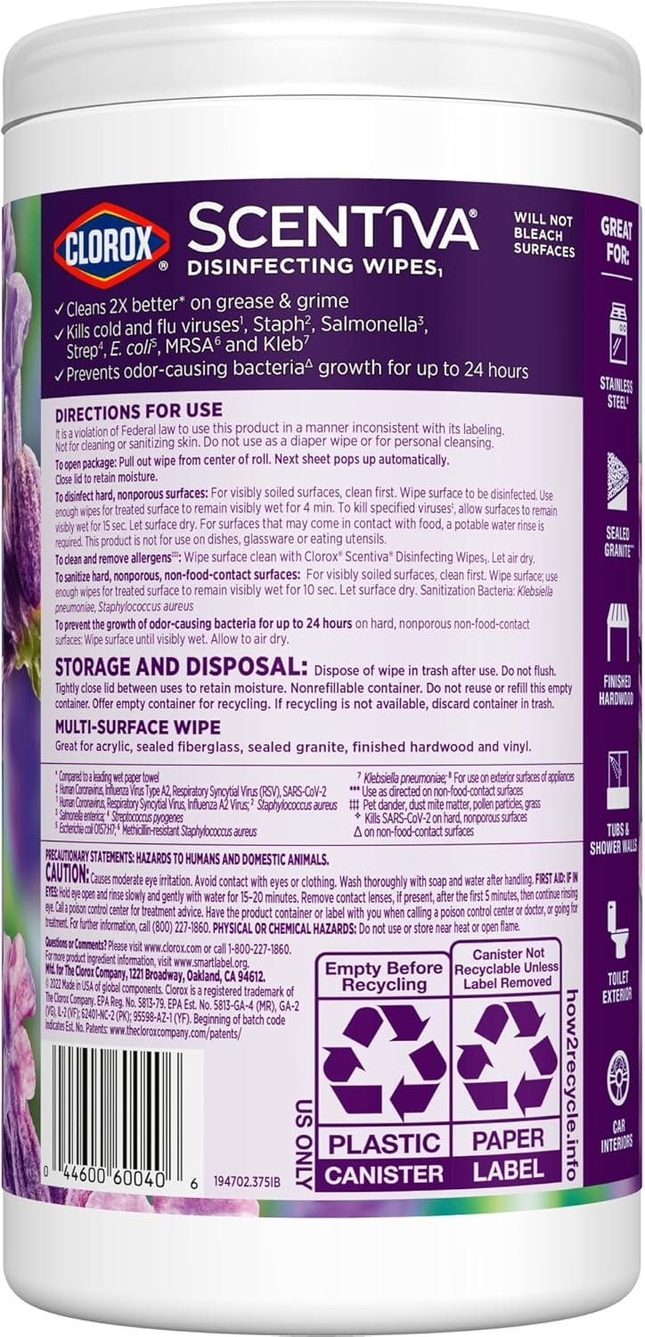 Clorox Scentiva Bleach-Free Disinfecting Wipes, Tuscan Lavender & Jasmine - Image 5