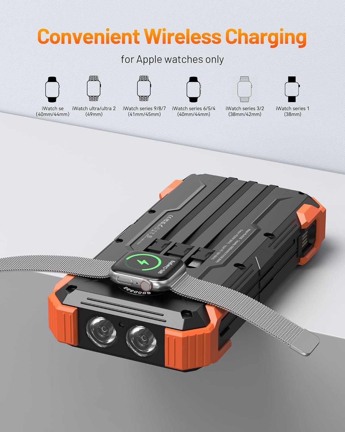 GOODaaa Solar Power Bank, 42800mAh Portable Charger Built in 4 Cables Three USB Port 20W Fast Charging, Wireless Charging Power Bank for Apple Watches with Dual Flashlight, Carabiner,Thermometer - Image 5
