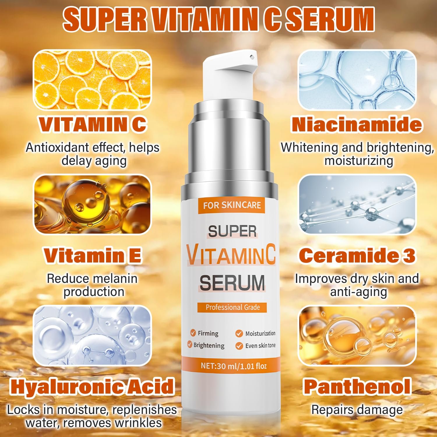 Super Vitamin C Serum for Women over 70: All-In-One Hydrating Anti-Aging Formula - Vitamin C, Hyaluronic Acid, Vitamin E, Caffeine, Hydrating, Lifting, Face Wrinkle & Age Spots Reduction - Image 5