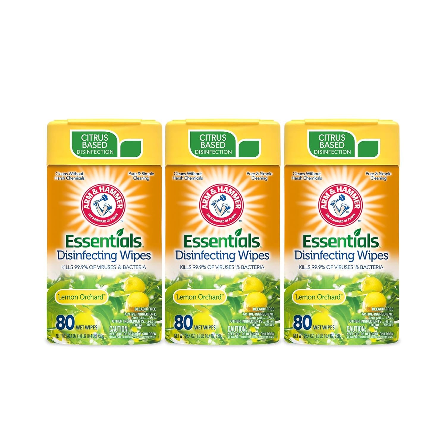 Arm & Hammer Essentials Disinfecting Wipes, Lemon Orchard Scent, 3 Pack, 80 Count, 240 Wipes, Volcano - Image 2