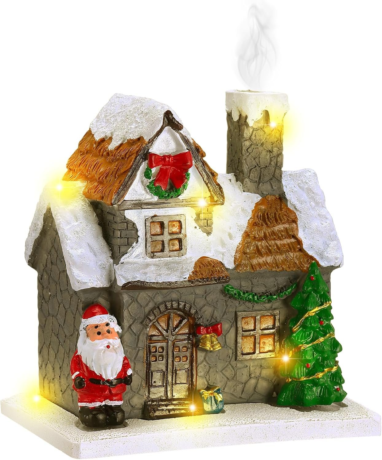 6.1 Inch Christmas Incense Burner Village House with Light String Resin Backflow Incense Holder Gift Cabin Winter Snowy Town with Xmas Tree Snowman for Fireplace Tabletop Decor(Simple) - Image 2