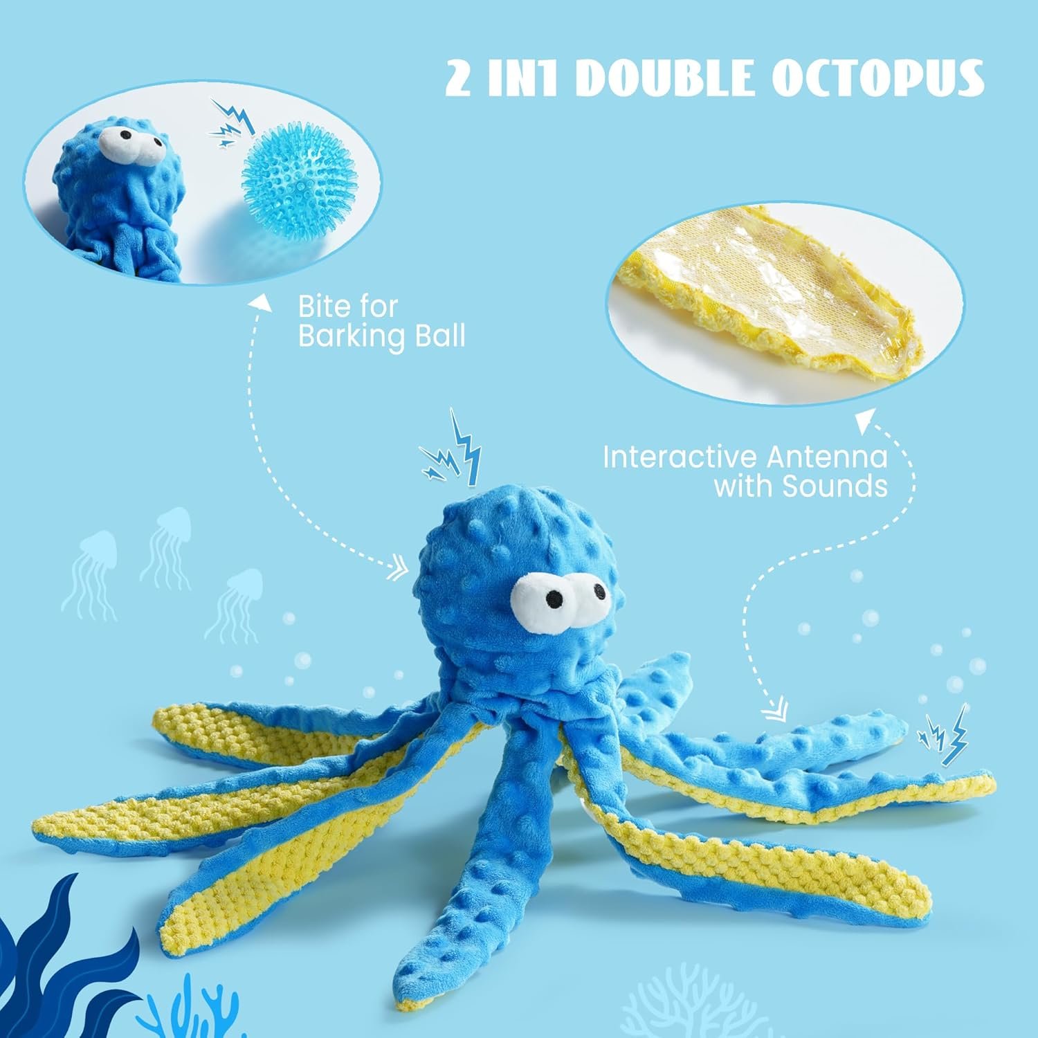 Nocciola 4 PCS Crinkle Squeaky Dog Toys | Blue Octopus Dog Toy | Ocean Stuffed Dog Toys Pack, Interactive Rope Dog Toys for Puppy, Small, Medium & Large Dogs, Durable Dog Toys for Aggressive Chewers - Image 4