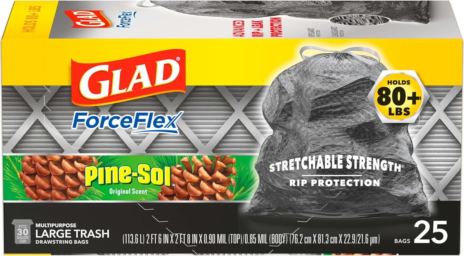 Glad Trash Bags, ForceFlex Drawstring Large Garbage Bags, 30 Gal, Pine-Sol Original Scent, 25 Ct, Pack May Vary - Image 10