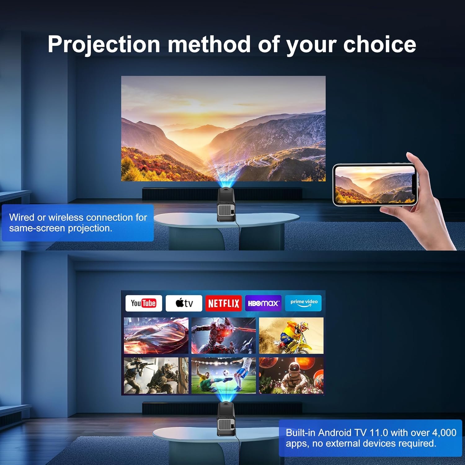 Allesin Mini Smart Projector with wifi and bluetooth, Full HD 1080P proyector 4K Supported 18000 Lumen, Auto Keystone Ceiling Projector Focu 270 Degree Rotation, Projector with Android11.0, Black - Image 5