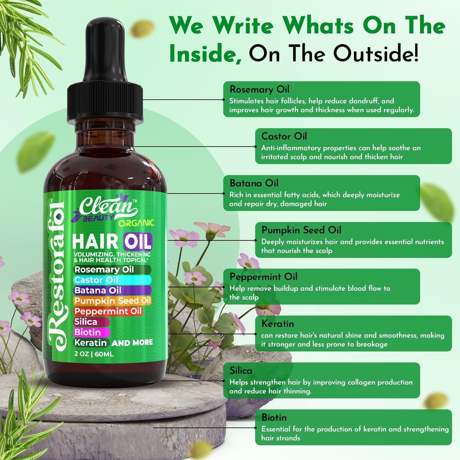Rosemary Hair Oil For Growth with Castor Oil, Batana Oil, Pumpkin Seed Oil, Peppermint Oil, Silica, Biotin, Collagen, Keratin, Saw Palmetto, Horsetail, Tea Tree, Vit E, Aloe Vera, Jojoba - Image 4