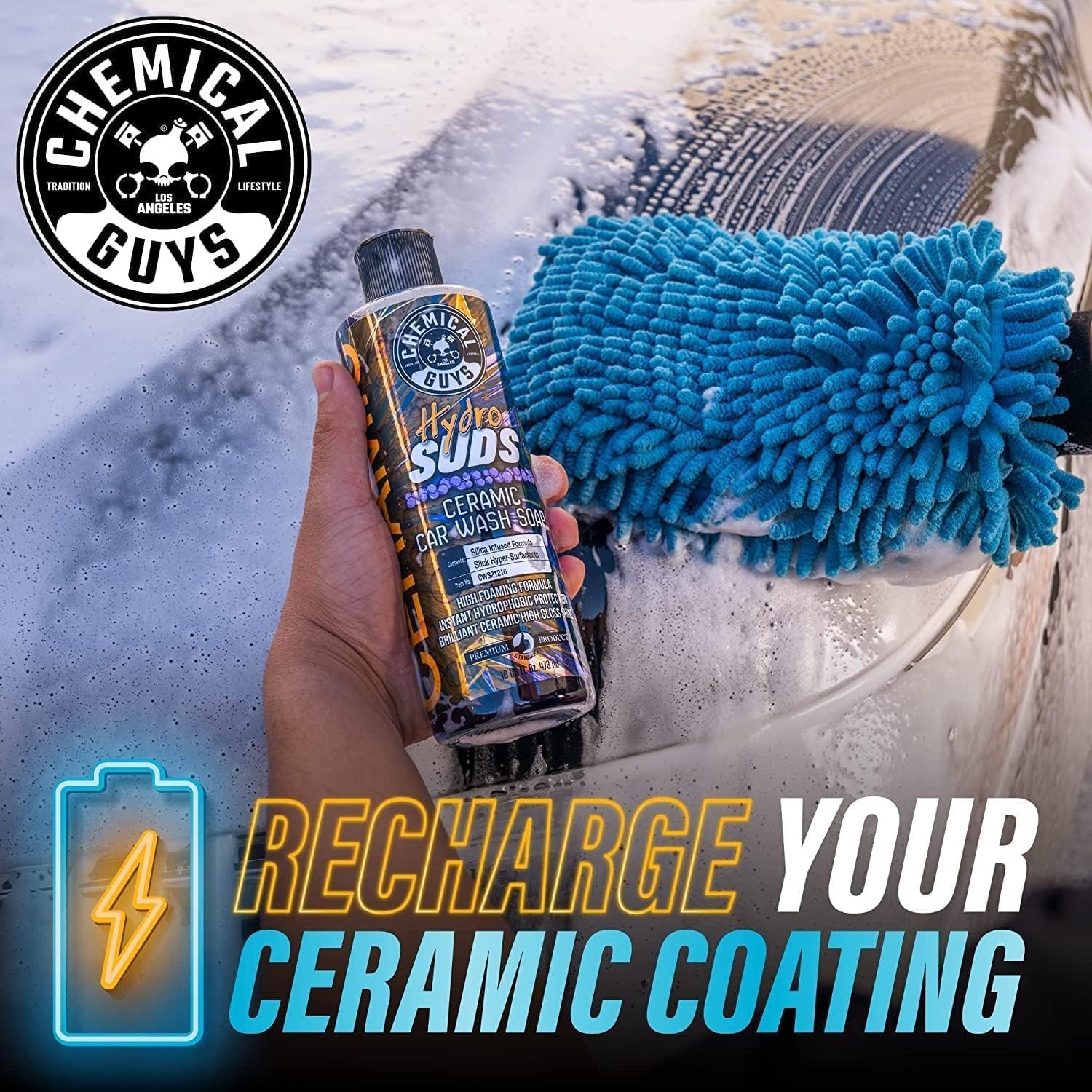 Chemical Guys CWS2121602 HydroSuds Ceramic SiO2 Shine High Foaming Car Wash Soap + 2-Pack 16 fl oz, Berry Scent + Professional Grade Premium Microfiber Towels, Gold (16 Inch x 16 Inch) (Pack of 3) - Image 5