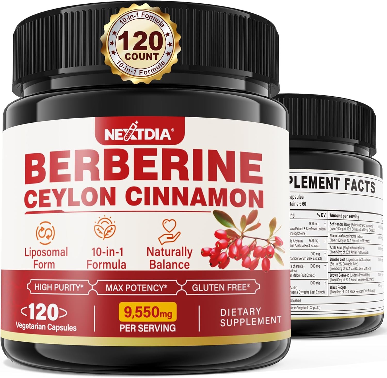 Berberine Supplement Organic 1500mg with Ceylon Cinnamon Bitter Melon, Liposomal Berberine HCL Complex Supplements with Banana Leaf, Supports Immune & Digestion - Vegan Berberine Capsules 120Cts - Image 2