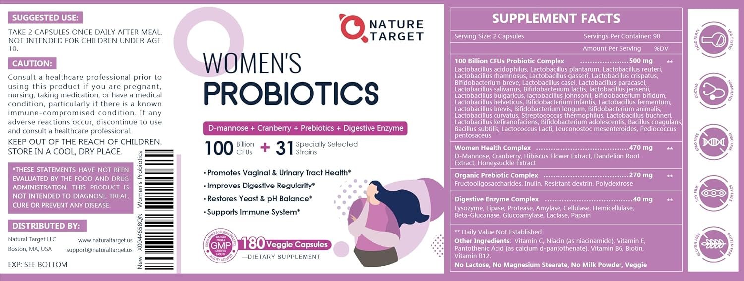 Probiotics for Women Digestive Health, 100 Billion CFUs Probiotic with Digestive Enzymes & Prebiotics, Vaginal Probiotics with Cranberry for Urinary Tract Health, pH Balance, 180 Veggie Capsules - Image 9