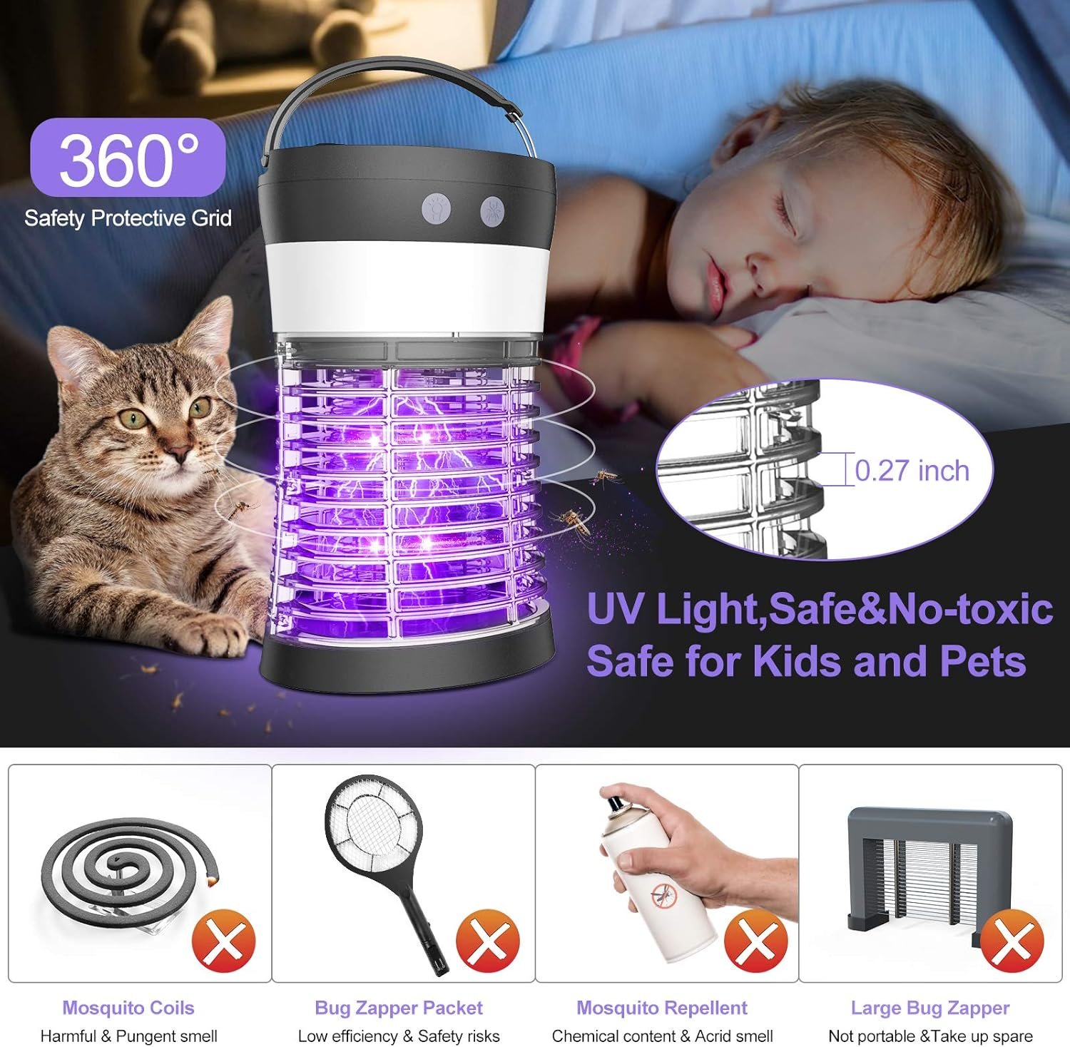 Bug Zapper, Electric Solar Mosquito Killer for Indoor & Outdoor, 3000V High Powered Pest Control Waterproof UV Mosquito Zapper,Rechargeable Insect Fly Trap for Home,Kitchen,Patio, Backyard,Camping - Image 5